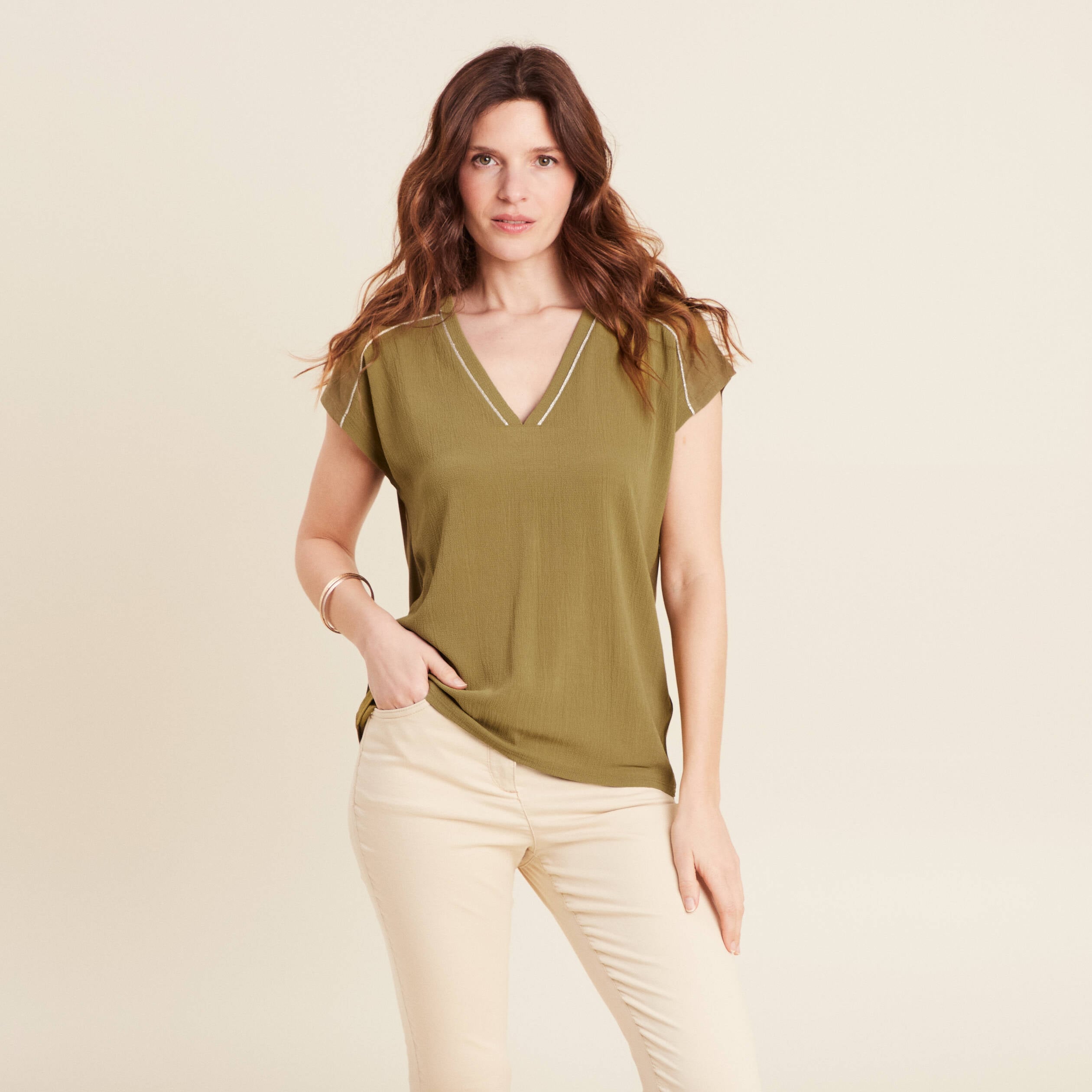 T-shirt manches courtes vert kaki femme