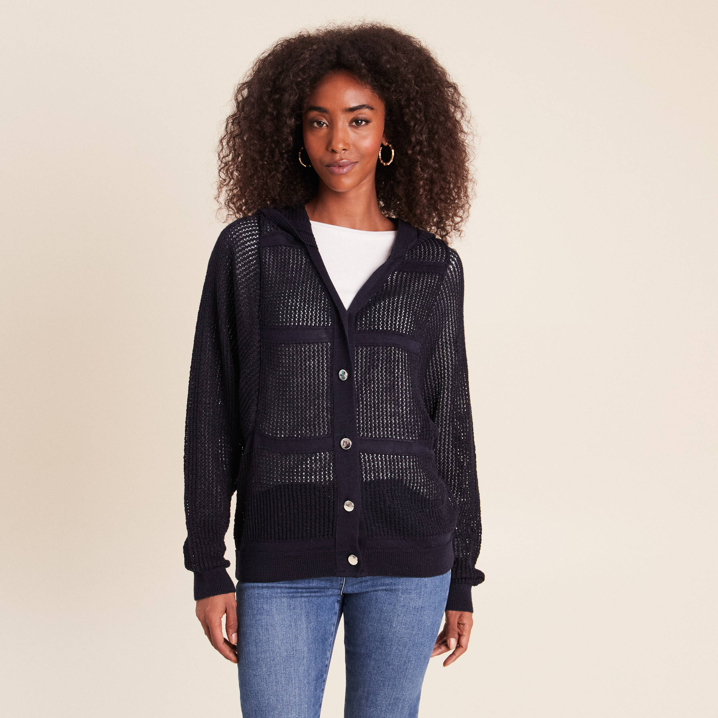 Gilet ajour&eacute; &agrave; capuche manches longues bleu marine femme