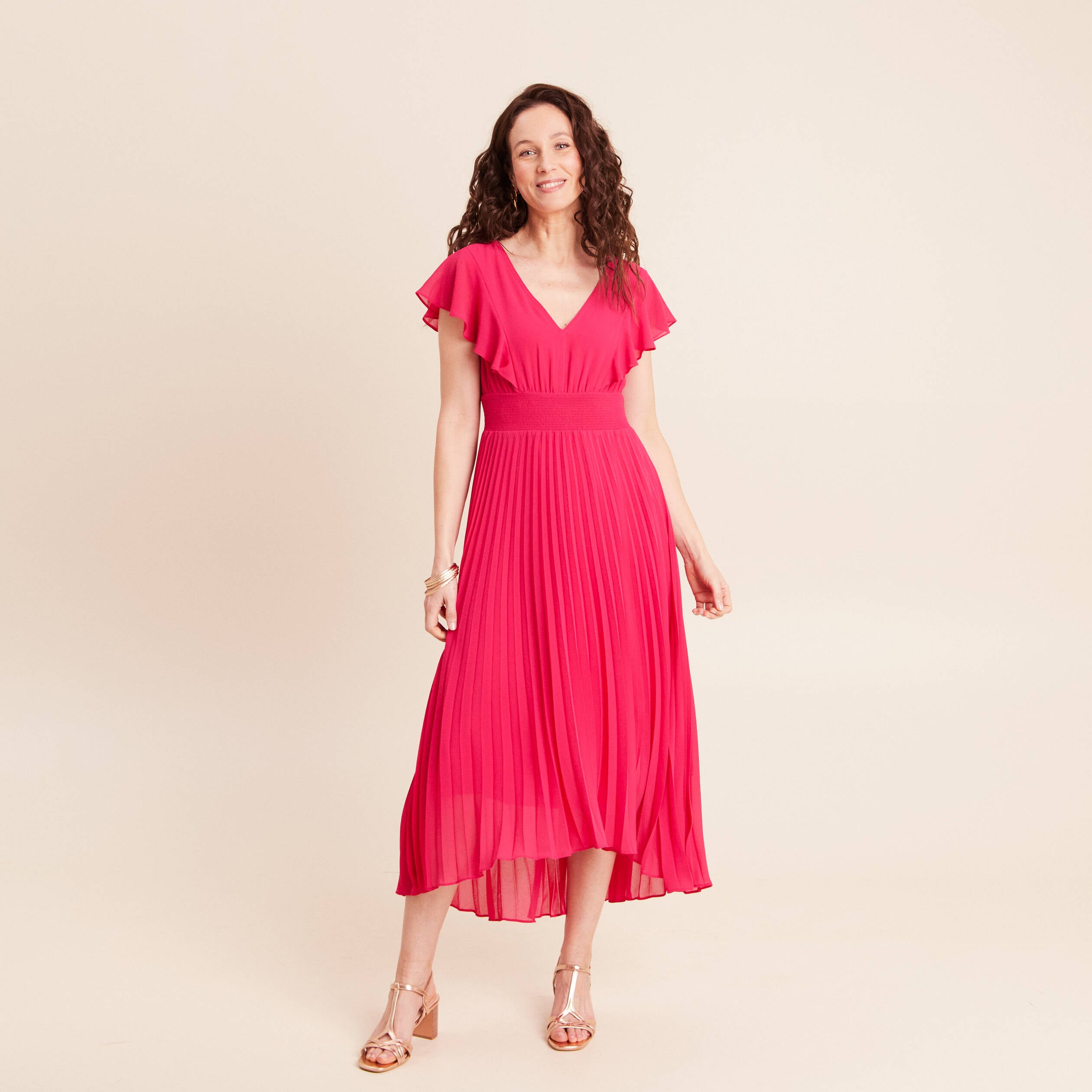Robe longue &eacute;vas&eacute;e &agrave; volants rose fushia femme