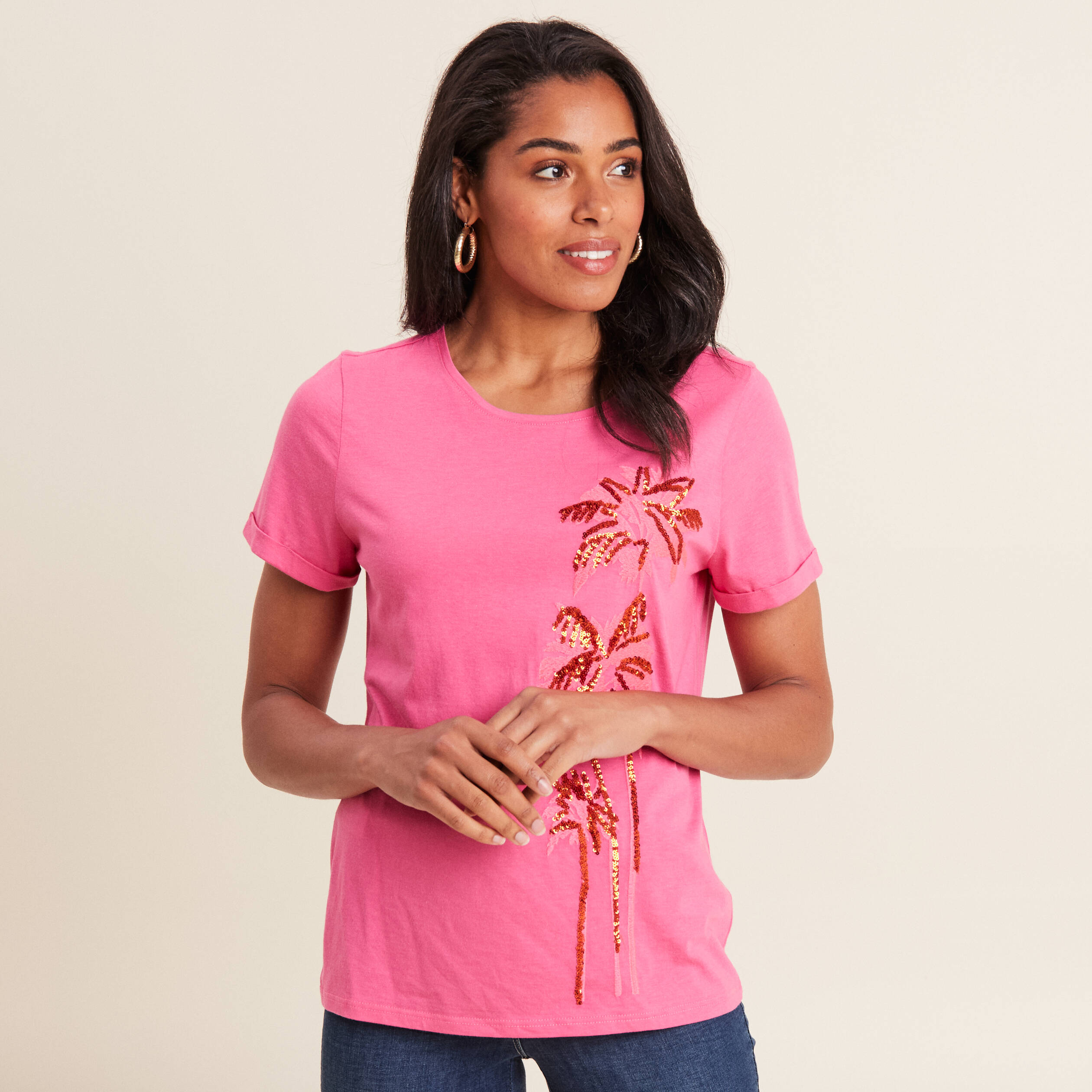 t shirt manches courtes rose fushia femme T-shirt manches courtes rose fushia femme
