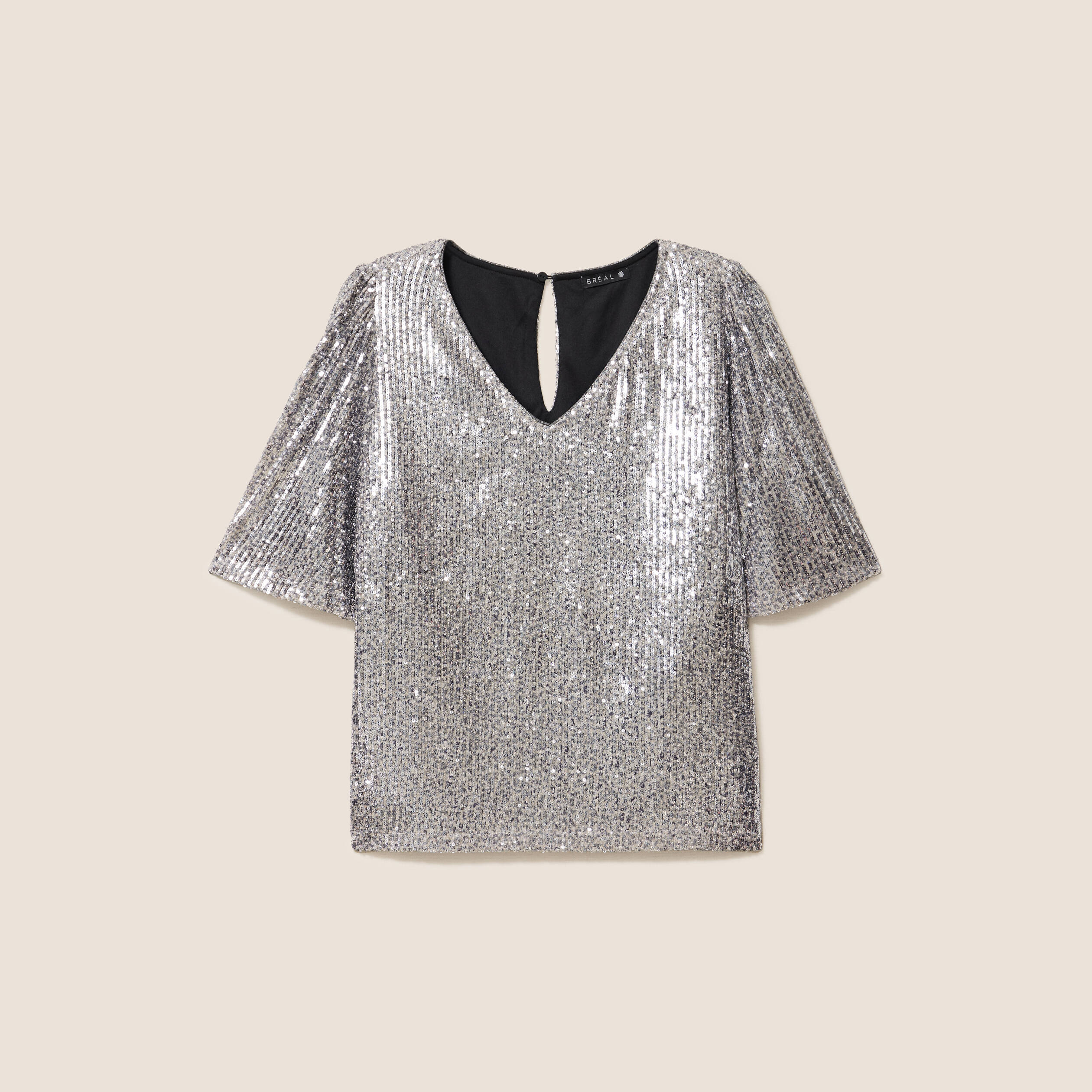 T-shirt &agrave; sequins manches coudes gris argent femme