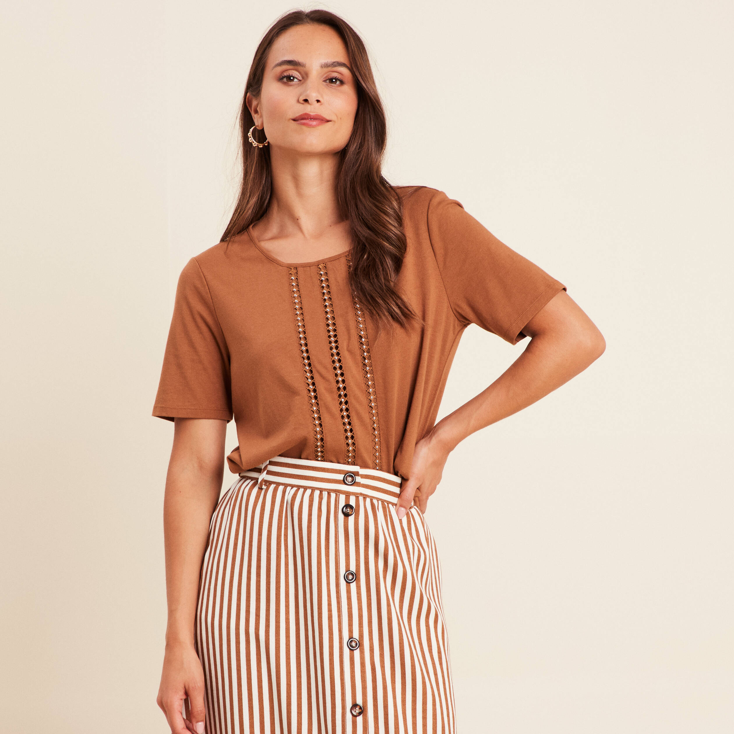 t shirt manches courtes marron femme T-shirt manches courtes marron femme