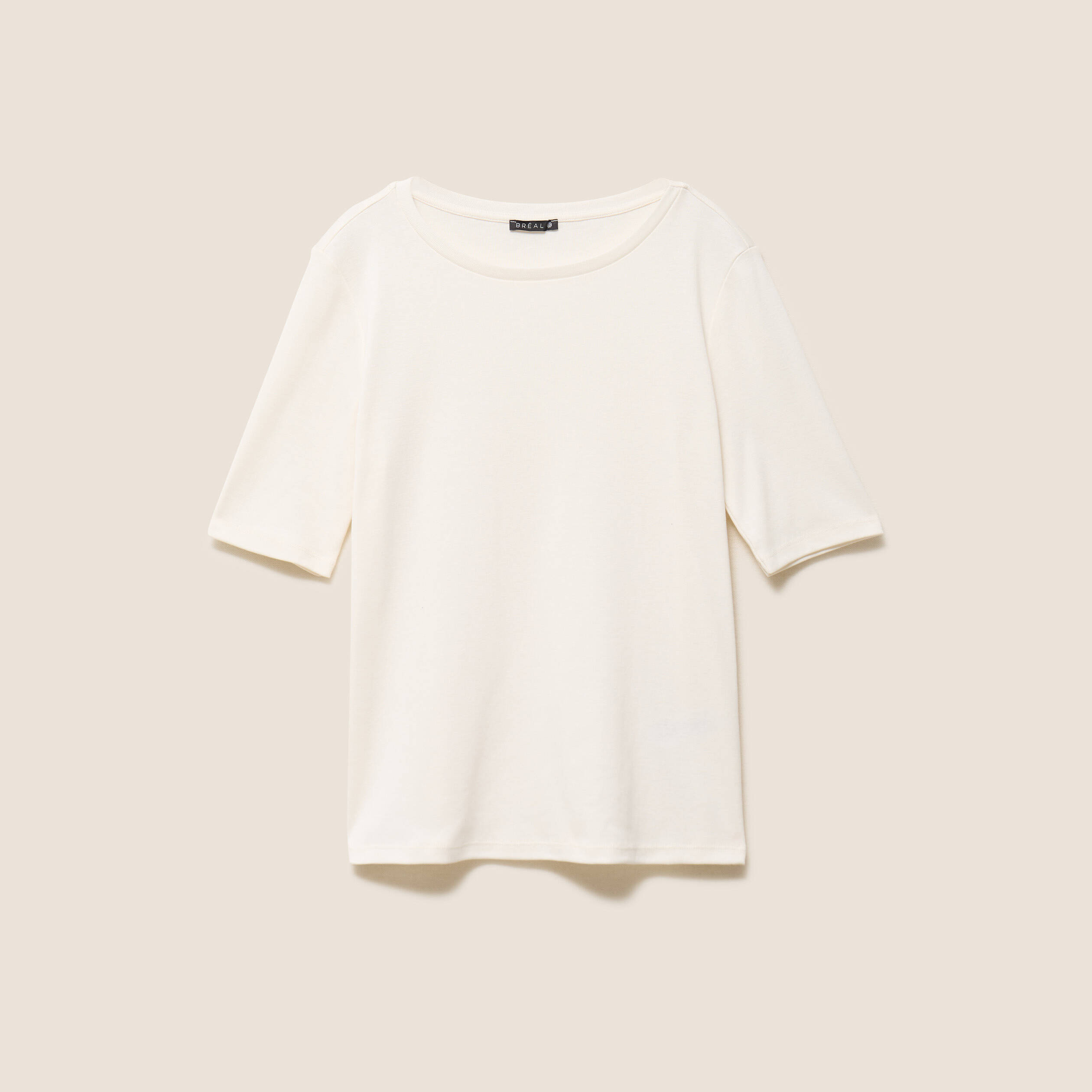 T-shirt ajust&eacute; col rond manches coudes ecru femme