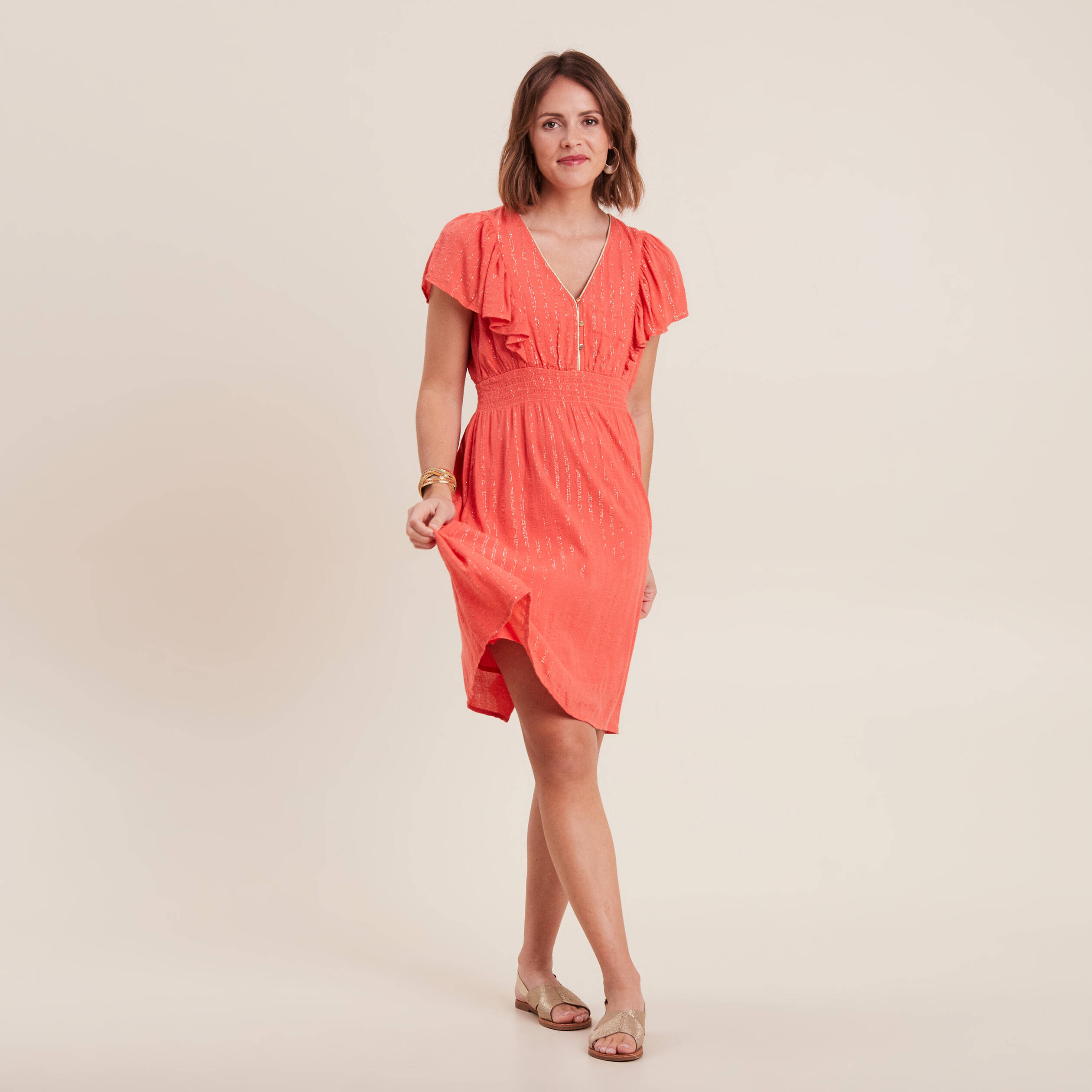 robe droite fluide smockee orange clair femme Robe droite fluide smockée orange clair femme