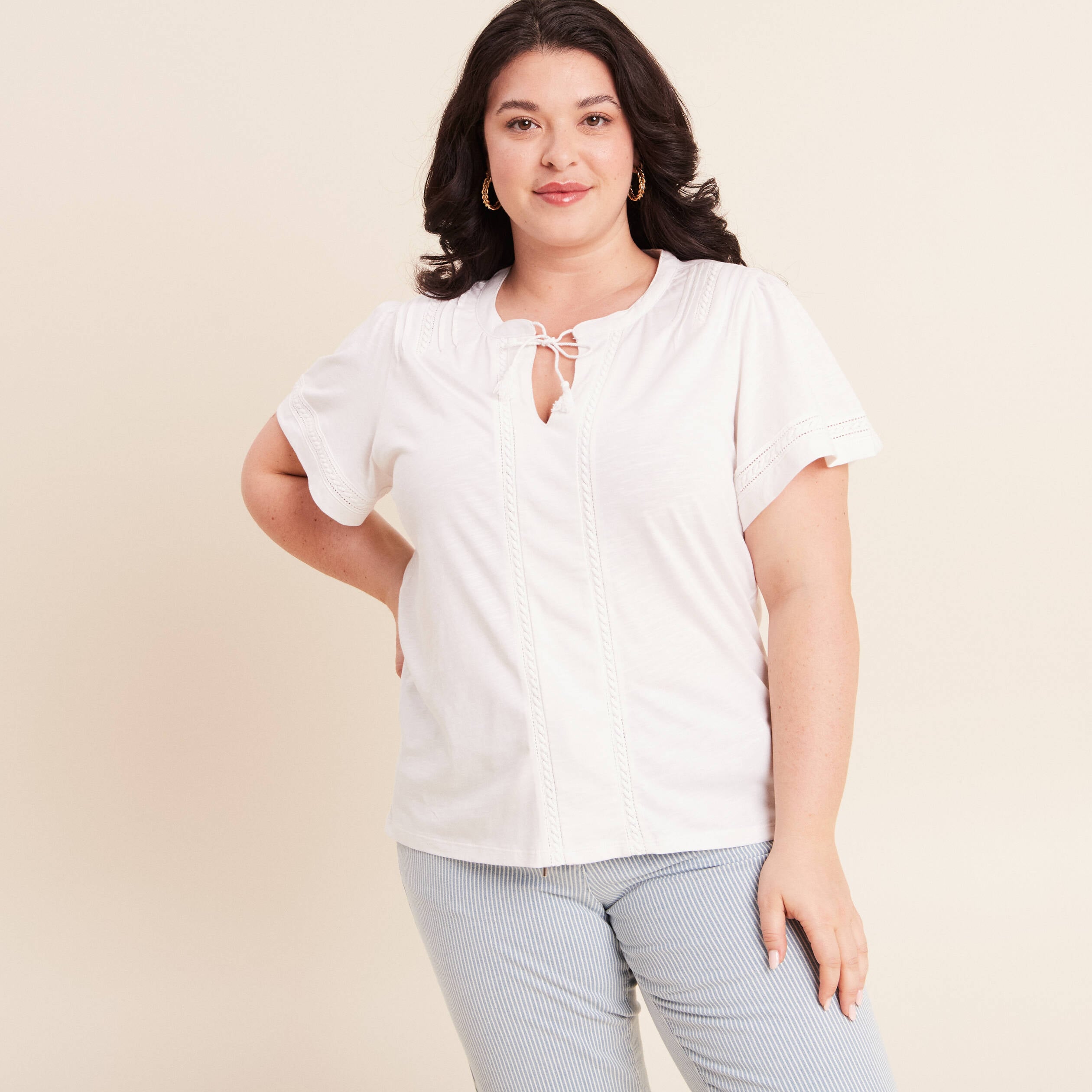 Blouse col tunisien manches courtes ecru femme