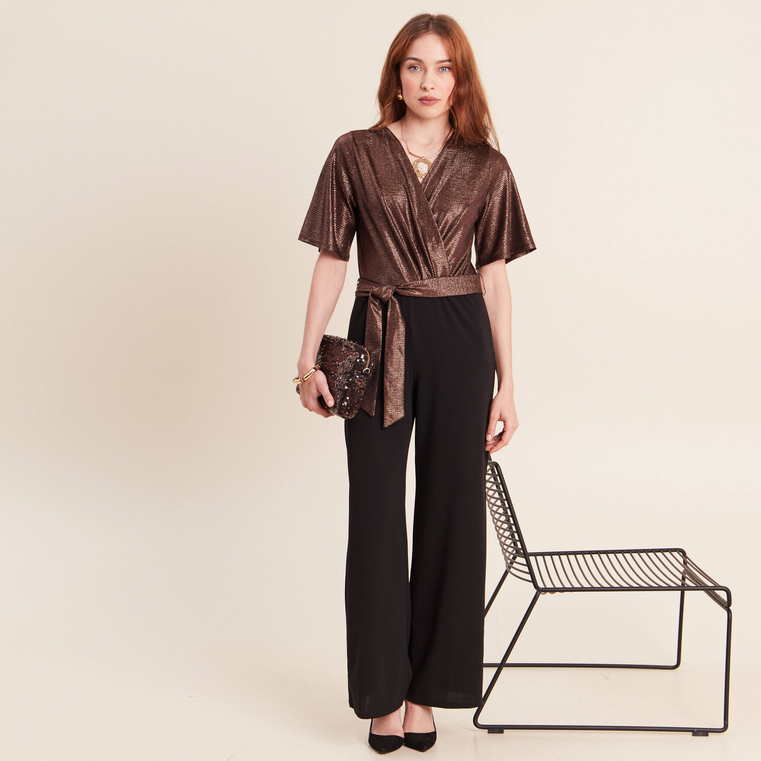Combinaison pantalon droite marron cognac femme
