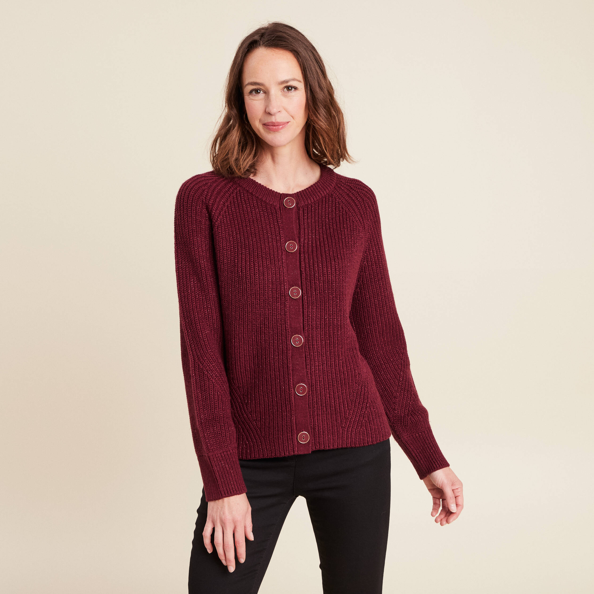 gilet droit mi long col rond bordeaux femme Gilet droit mi-long col rond bordeaux femme