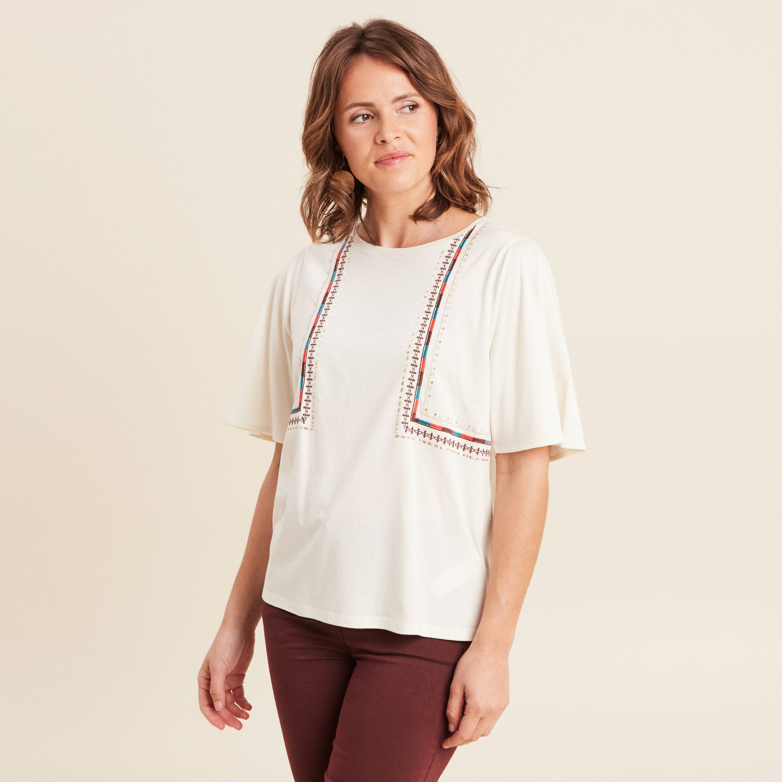 t shirt manches courtes brode ecru femme T-shirt manches courtes brodé ecru femme