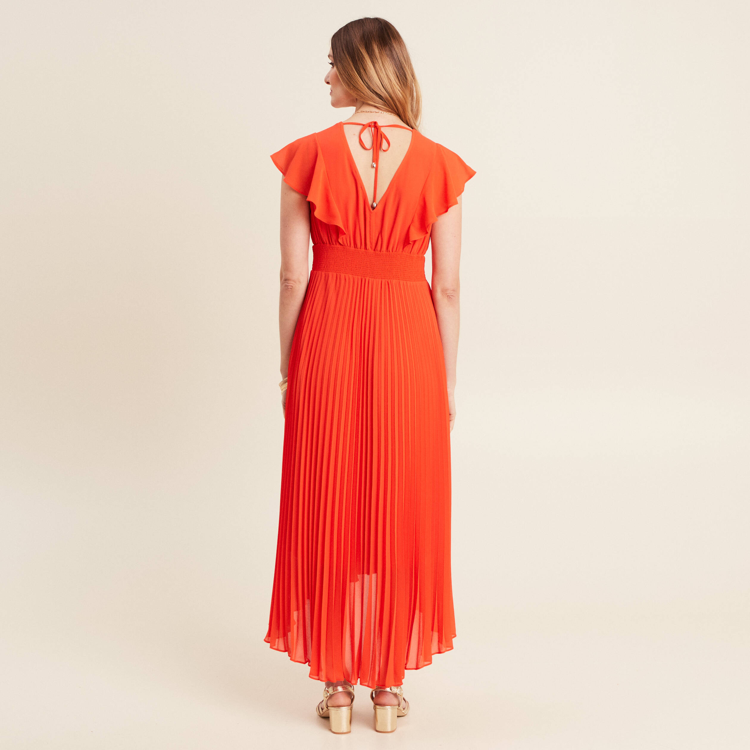 robe longue evasee a volants orange fonce femme Robe longue évasée à volants orange foncé femme