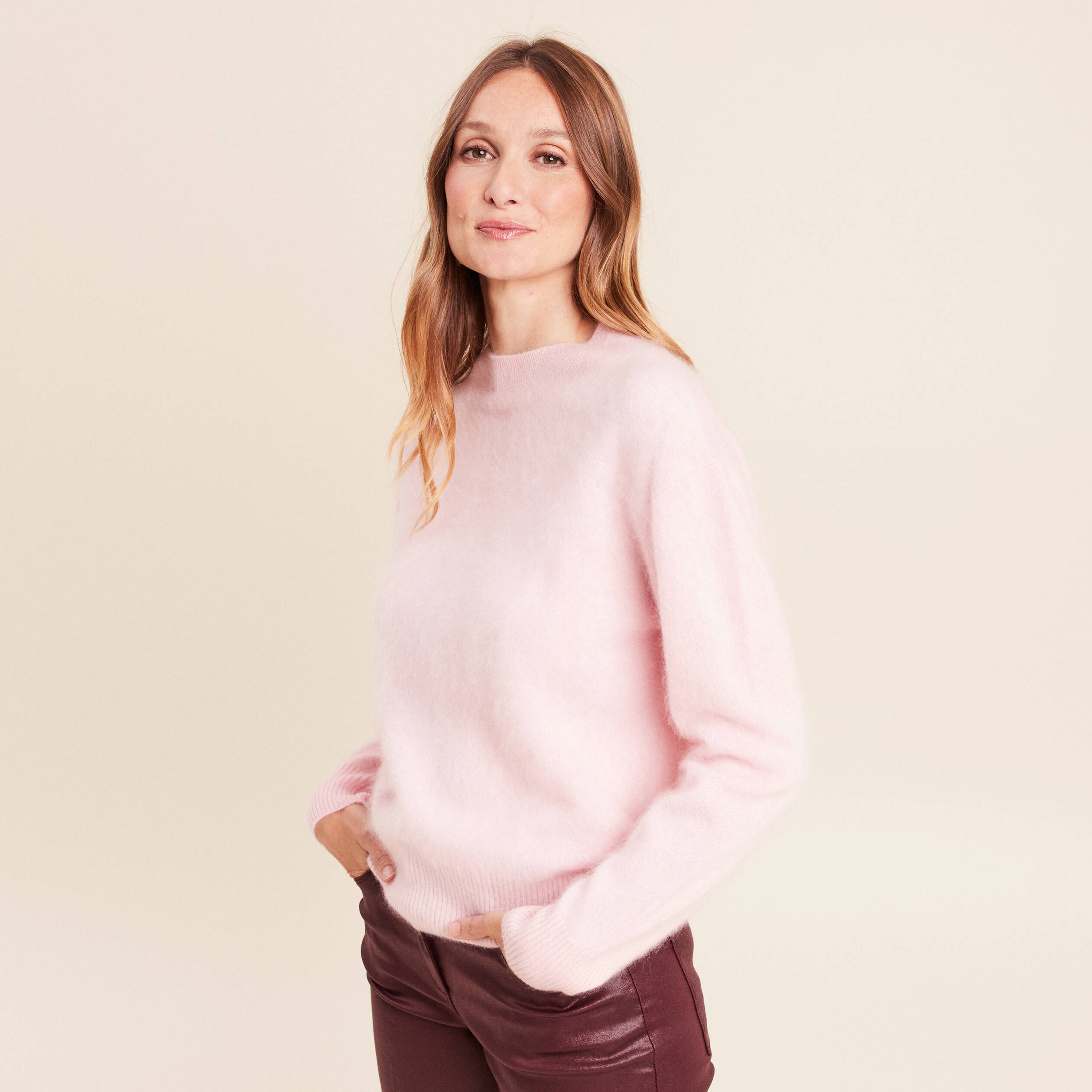 Pull cachemire col montant rose femme