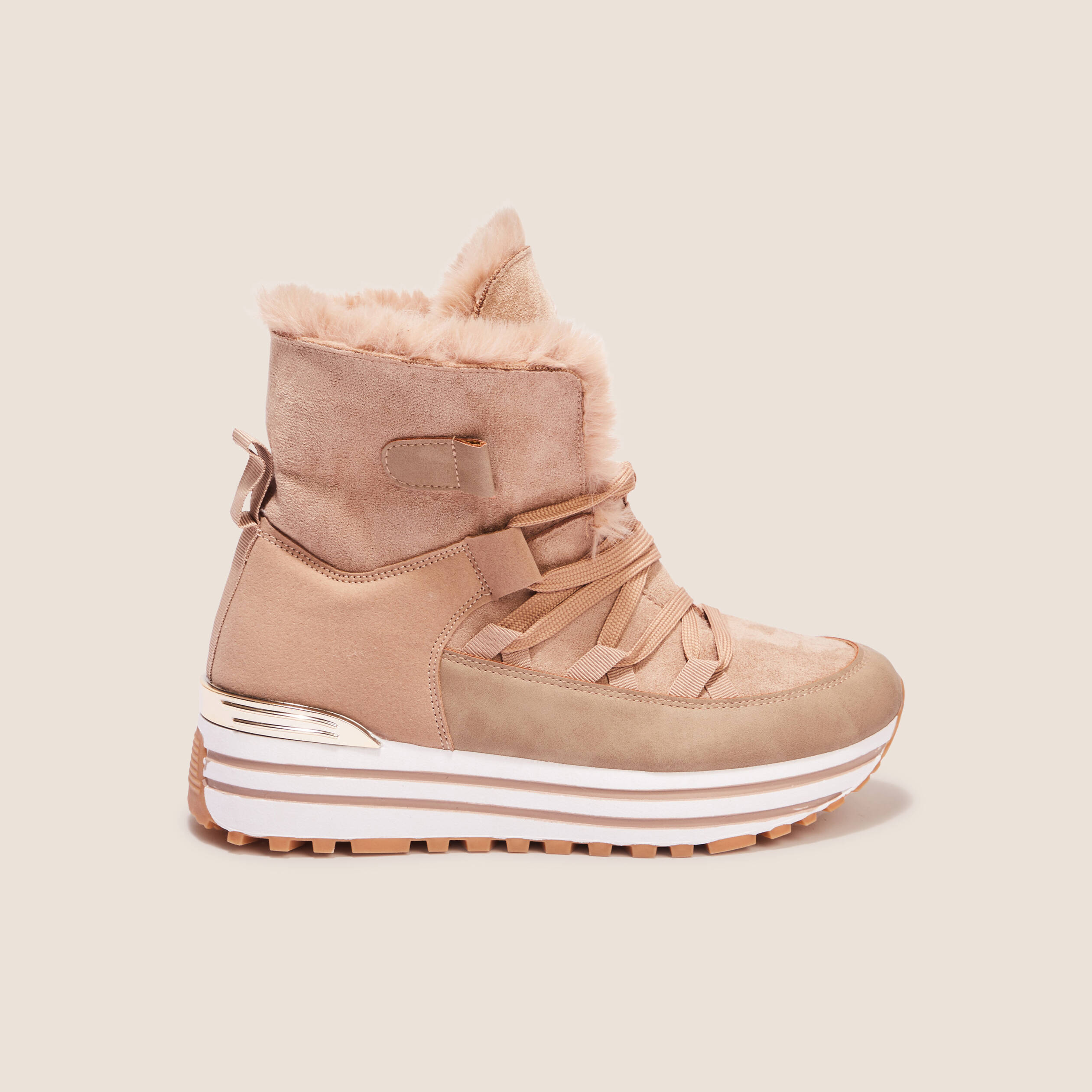 Baskets compens&eacute;es fourr&eacute;es beige femme