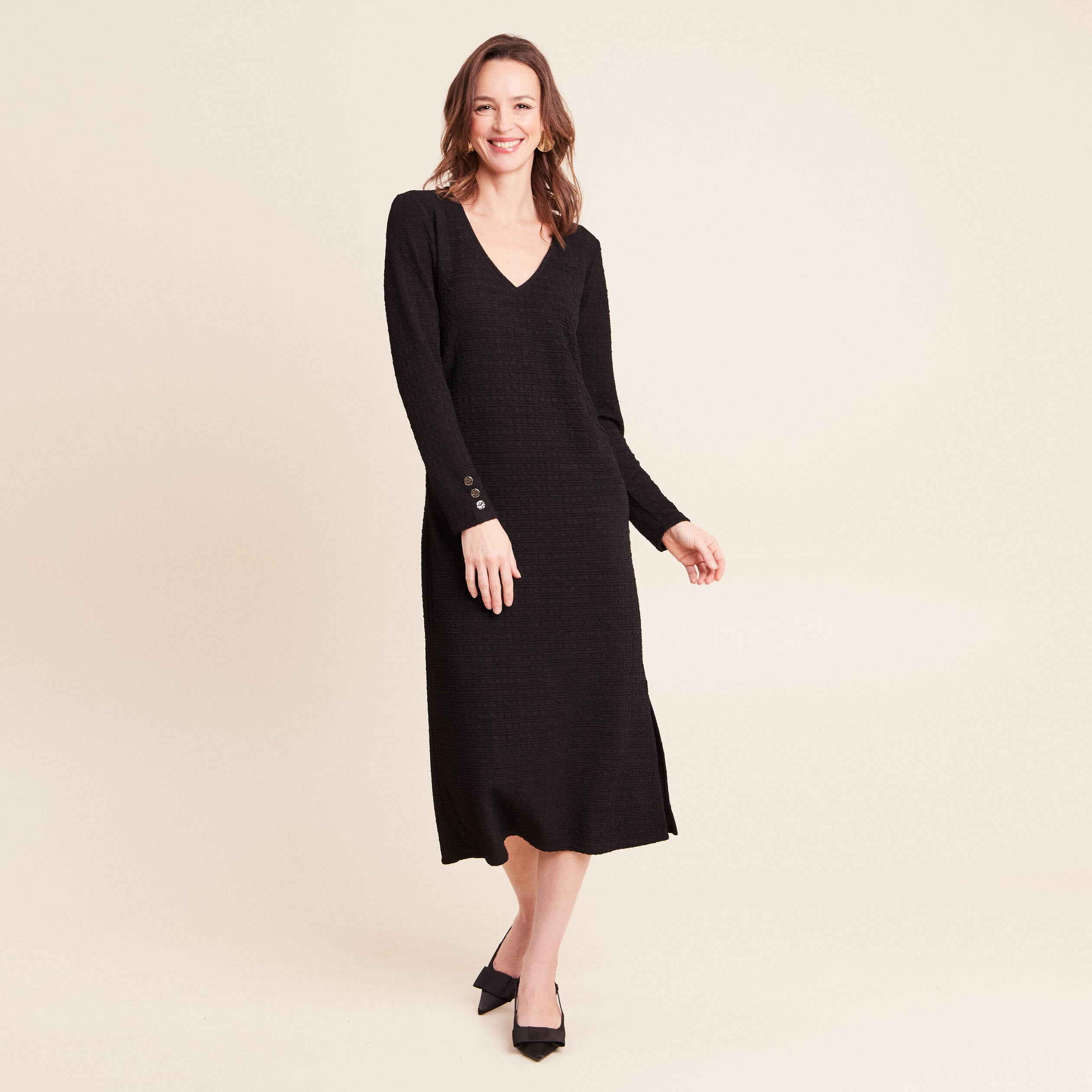 Robe col v manches longues noir femme