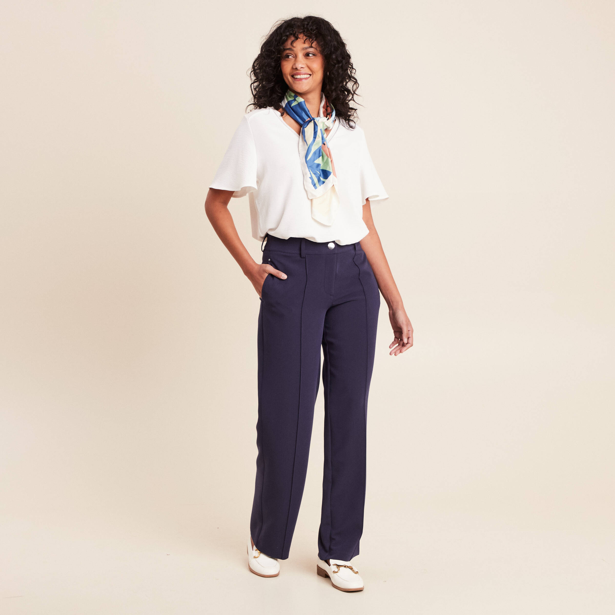 Pantalon coupe large bleu marine femme