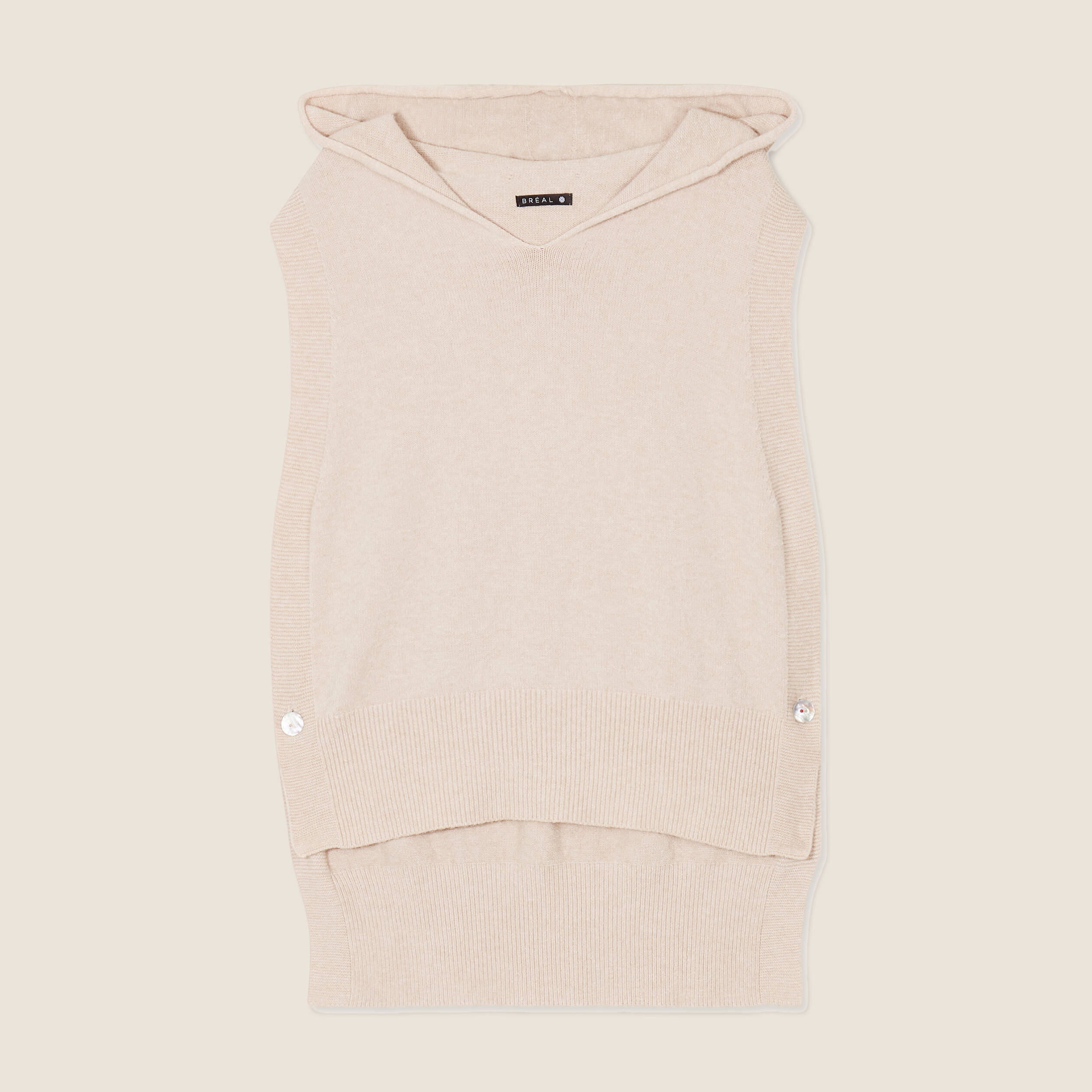 Pull sans manches &agrave; capuche creme femme