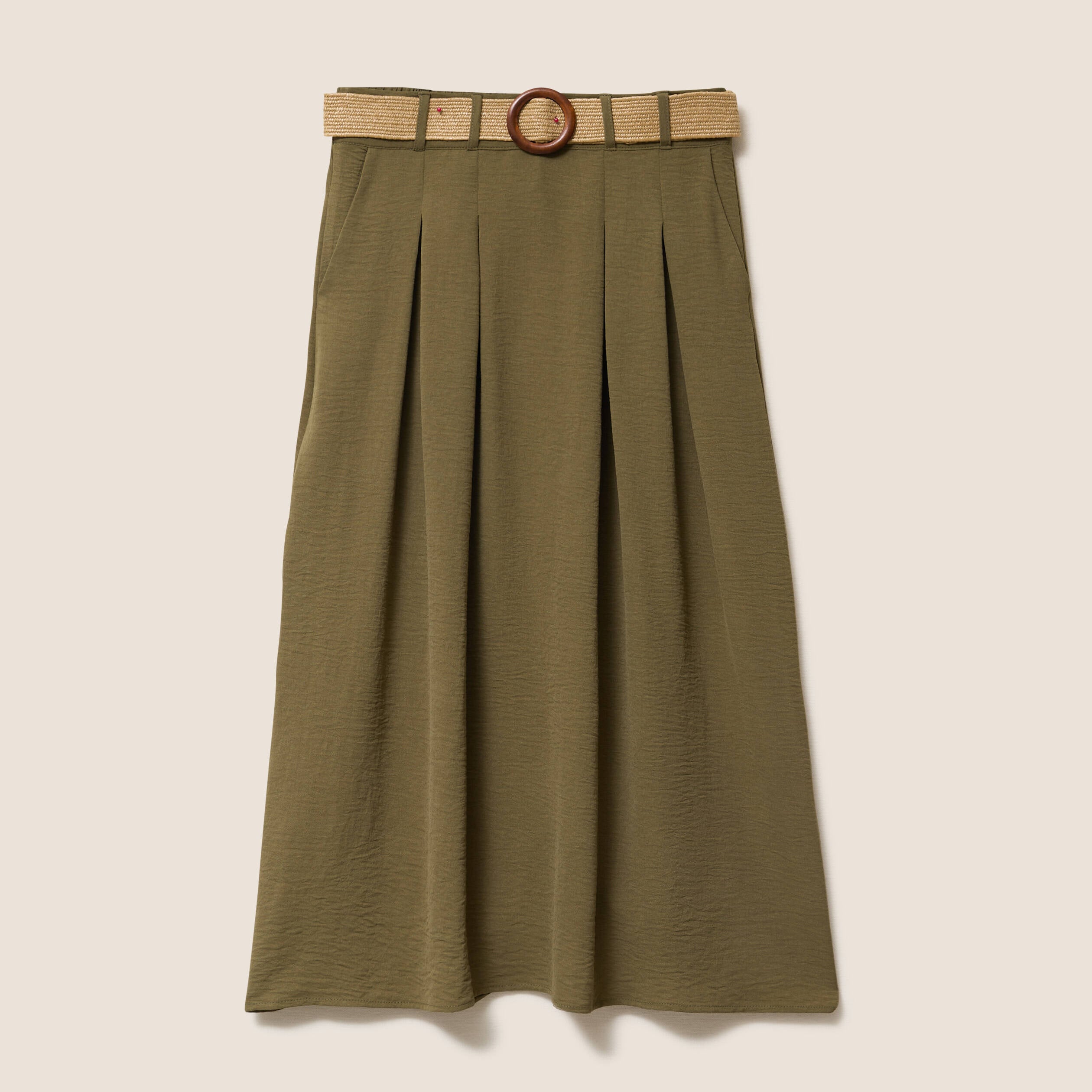 Jupe longue &eacute;vas&eacute;e ceintur&eacute;e vert kaki femme