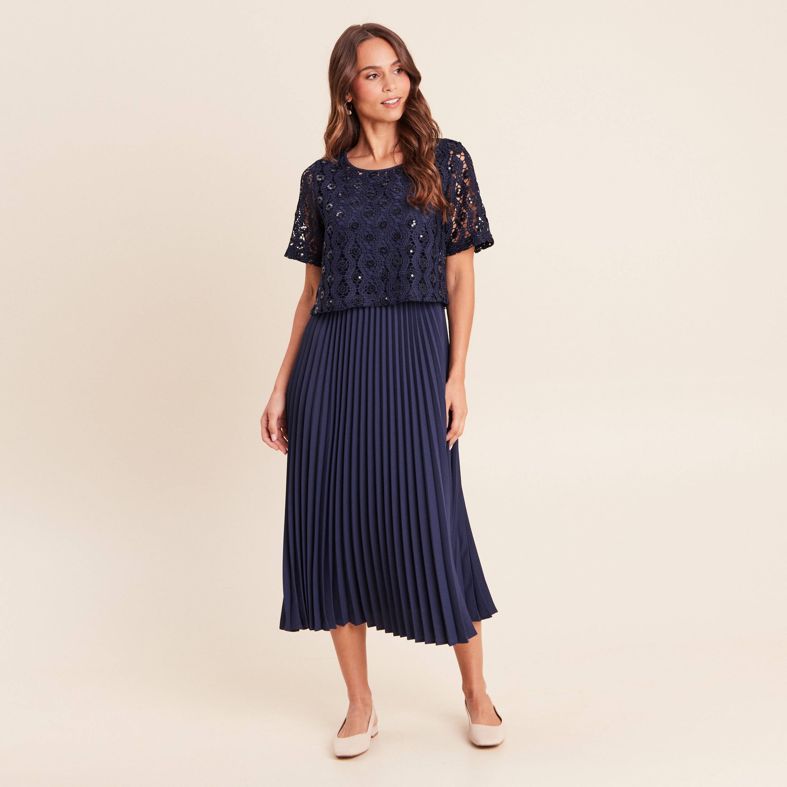 Robe 2 en 1 pliss&eacute;e col rond bleu marine femme