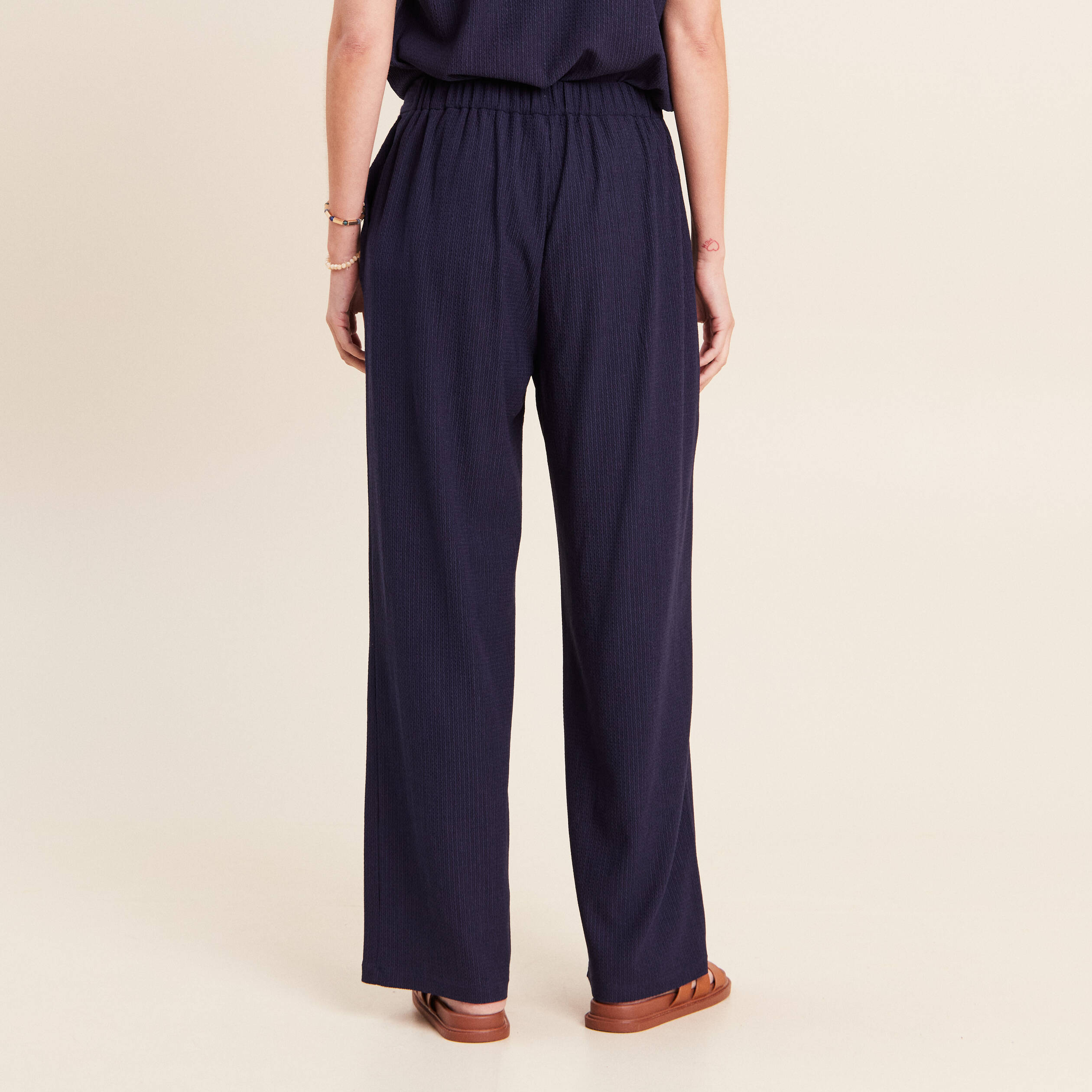 Pantalon large taille haute fluide bleu marine femme