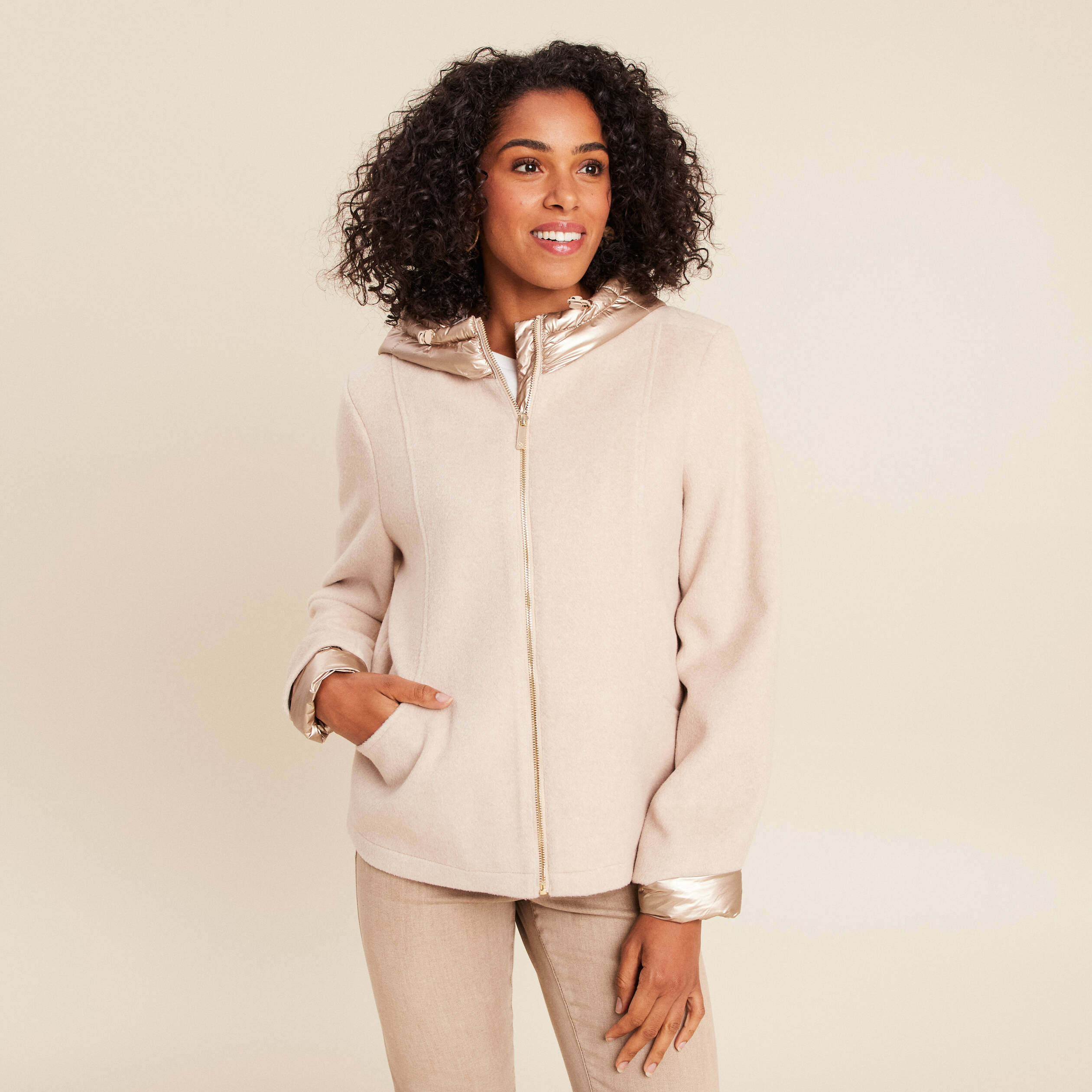Manteau ajusté à capuche doublé creme femme Vibs