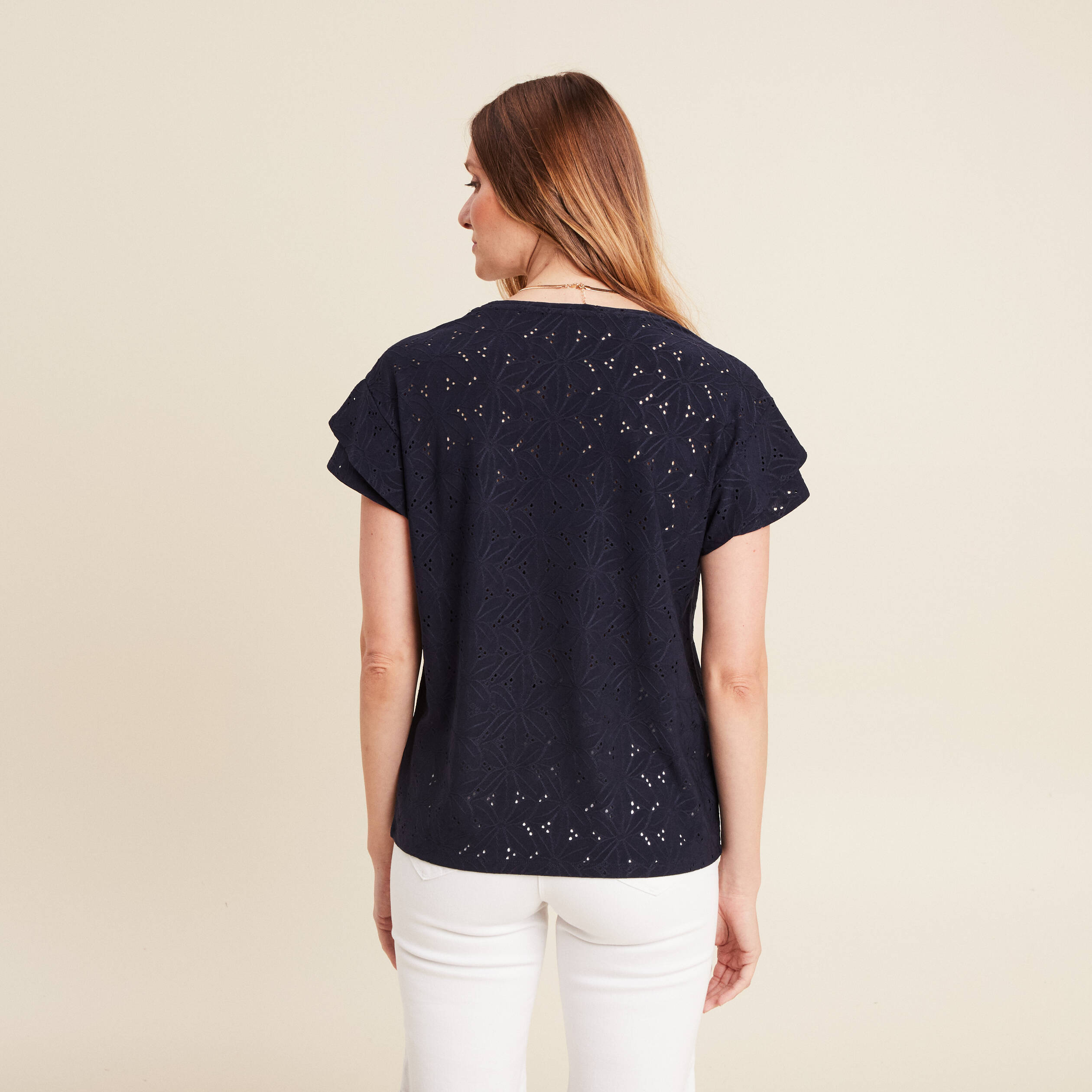 T-shirt droit col V manches courtes bleu fonc&eacute; femme