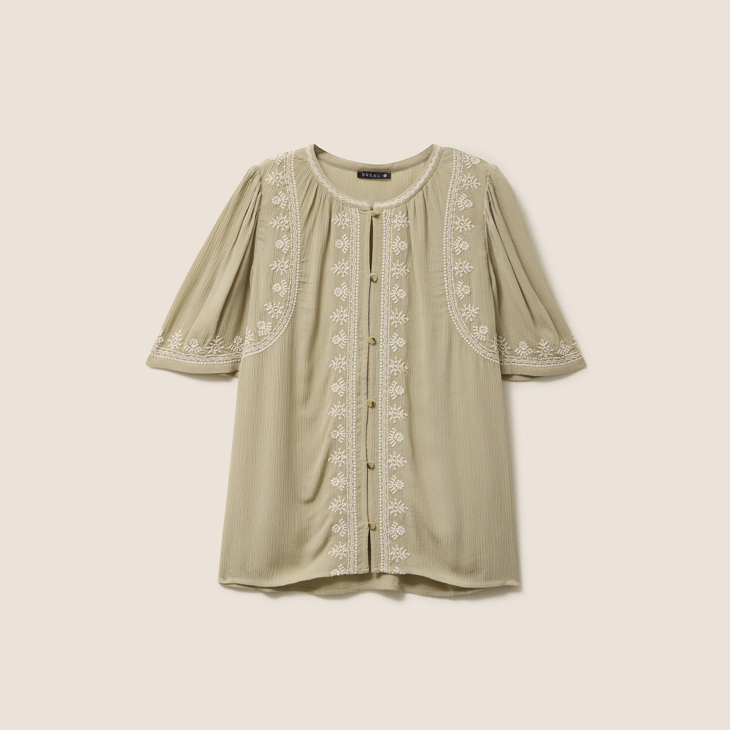 chemise crepe broderie col rond vert kaki femme Chemise crêpe broderie col rond vert kaki femme