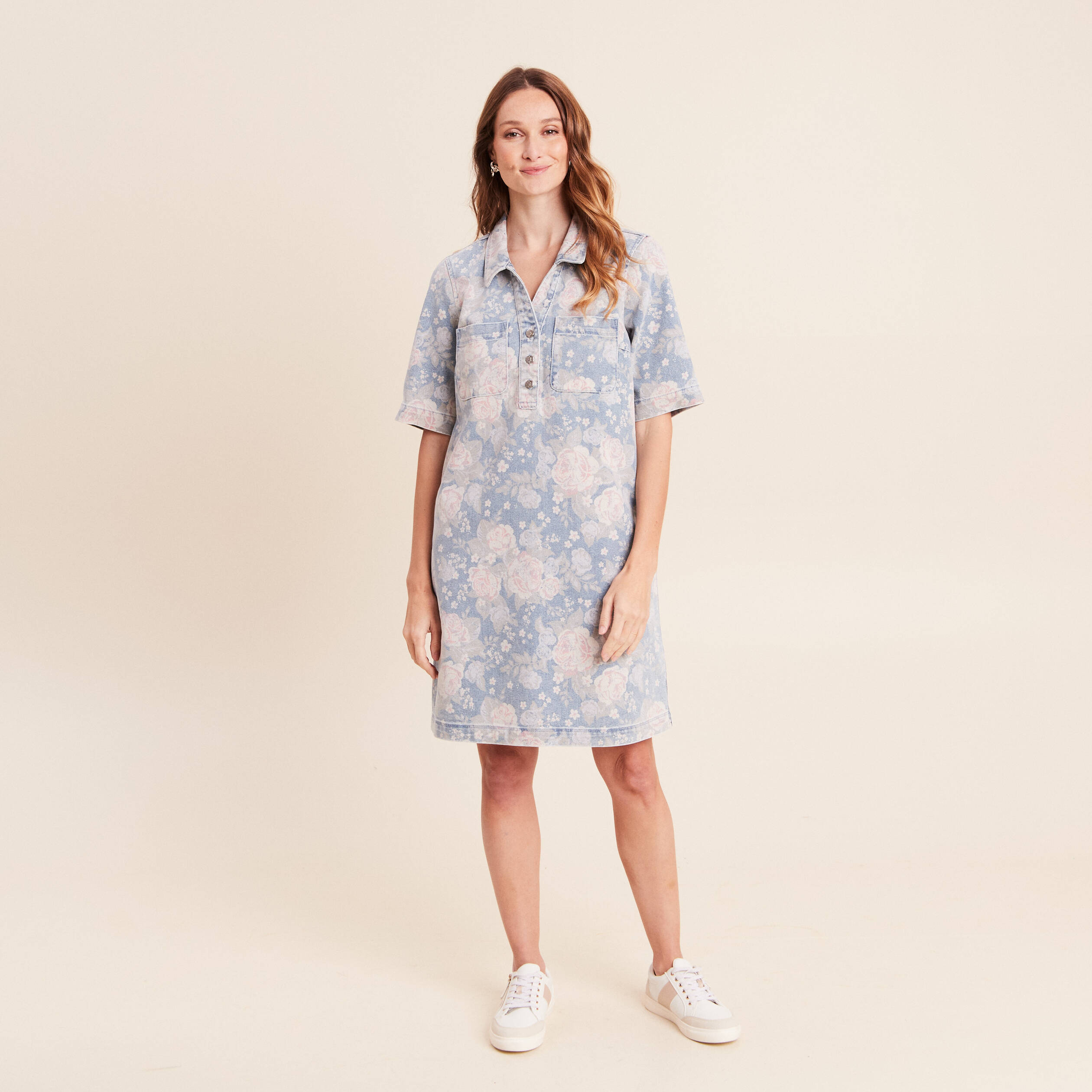 Robe droite courte en jean col chemise rose femme