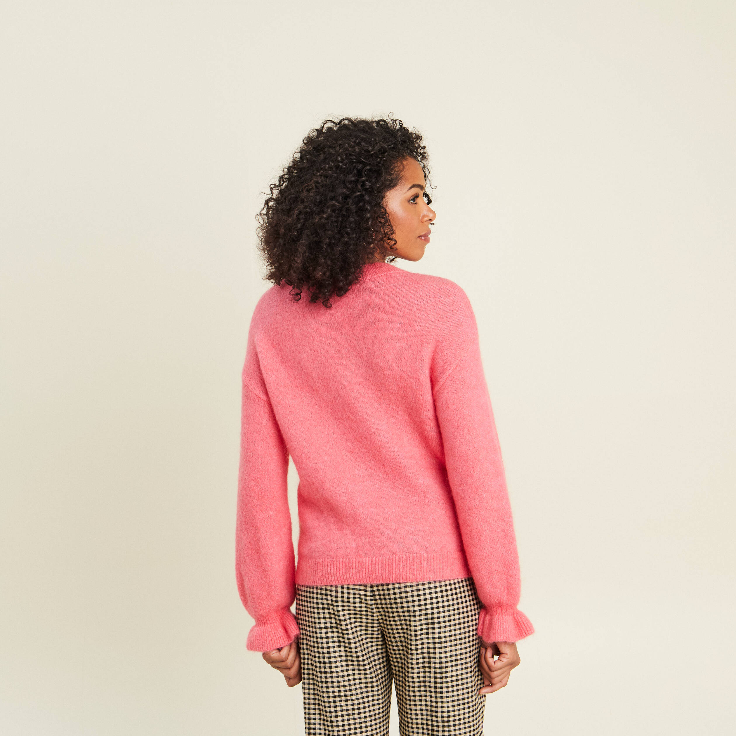 Pull col rond rose framboise femme