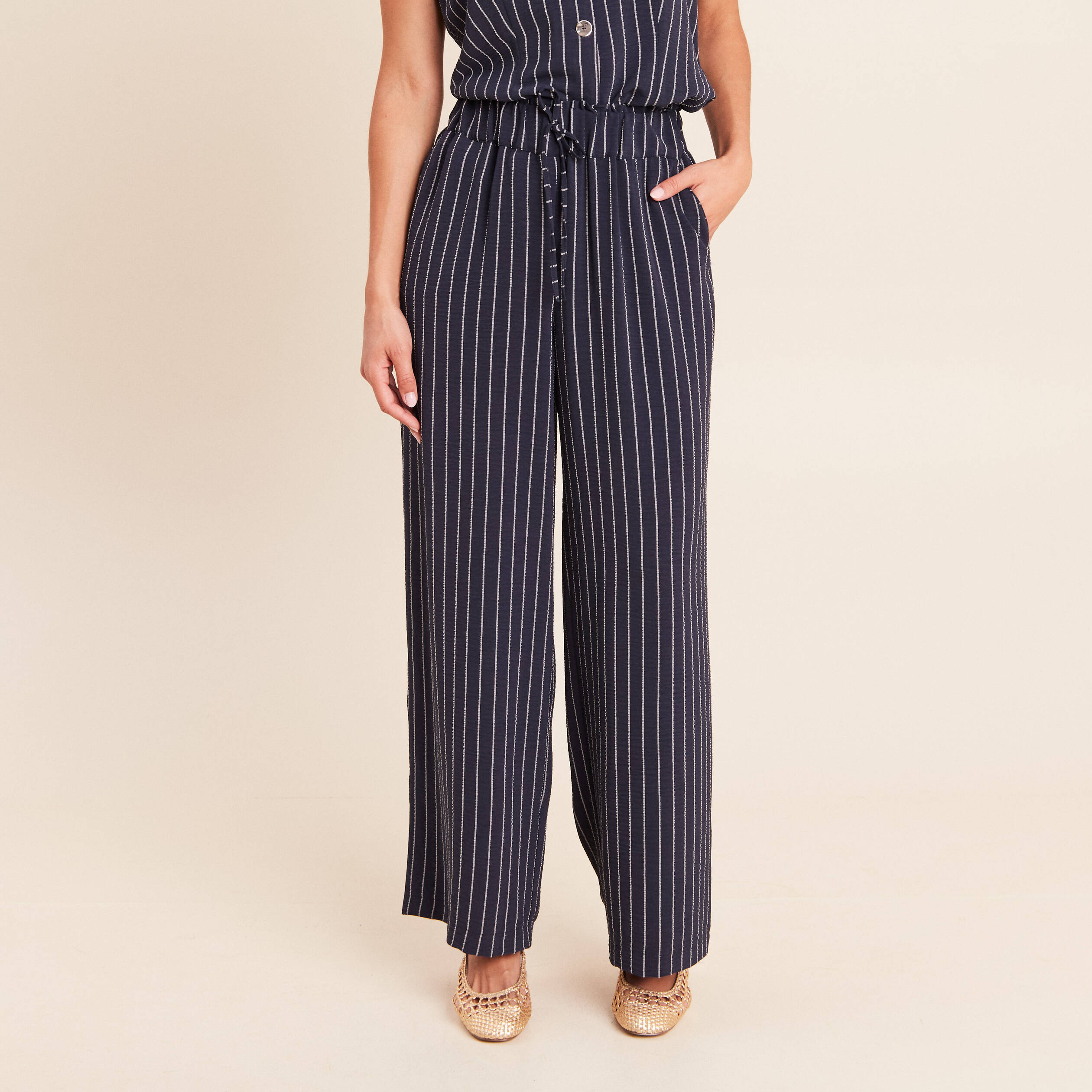 Pantalon large taille haute bleu fonc&eacute; femme