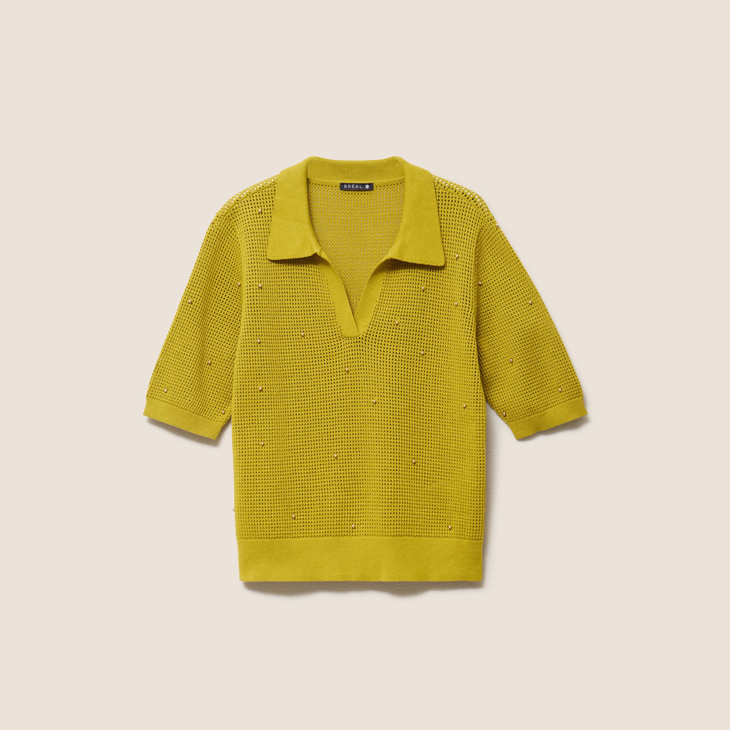 Polo ajour&eacute; col chemise manches courtes vert olive femme