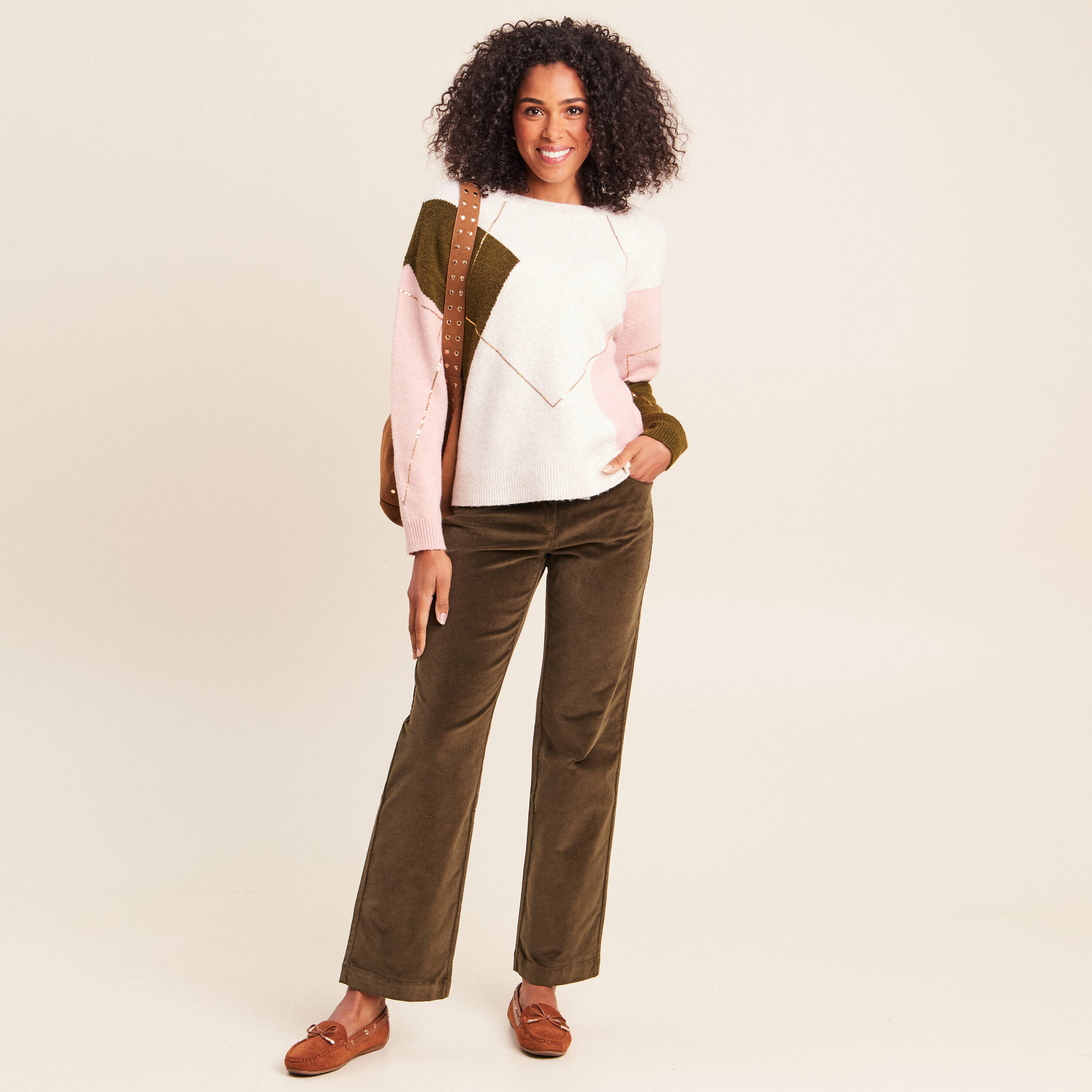Pull col rond beige femme