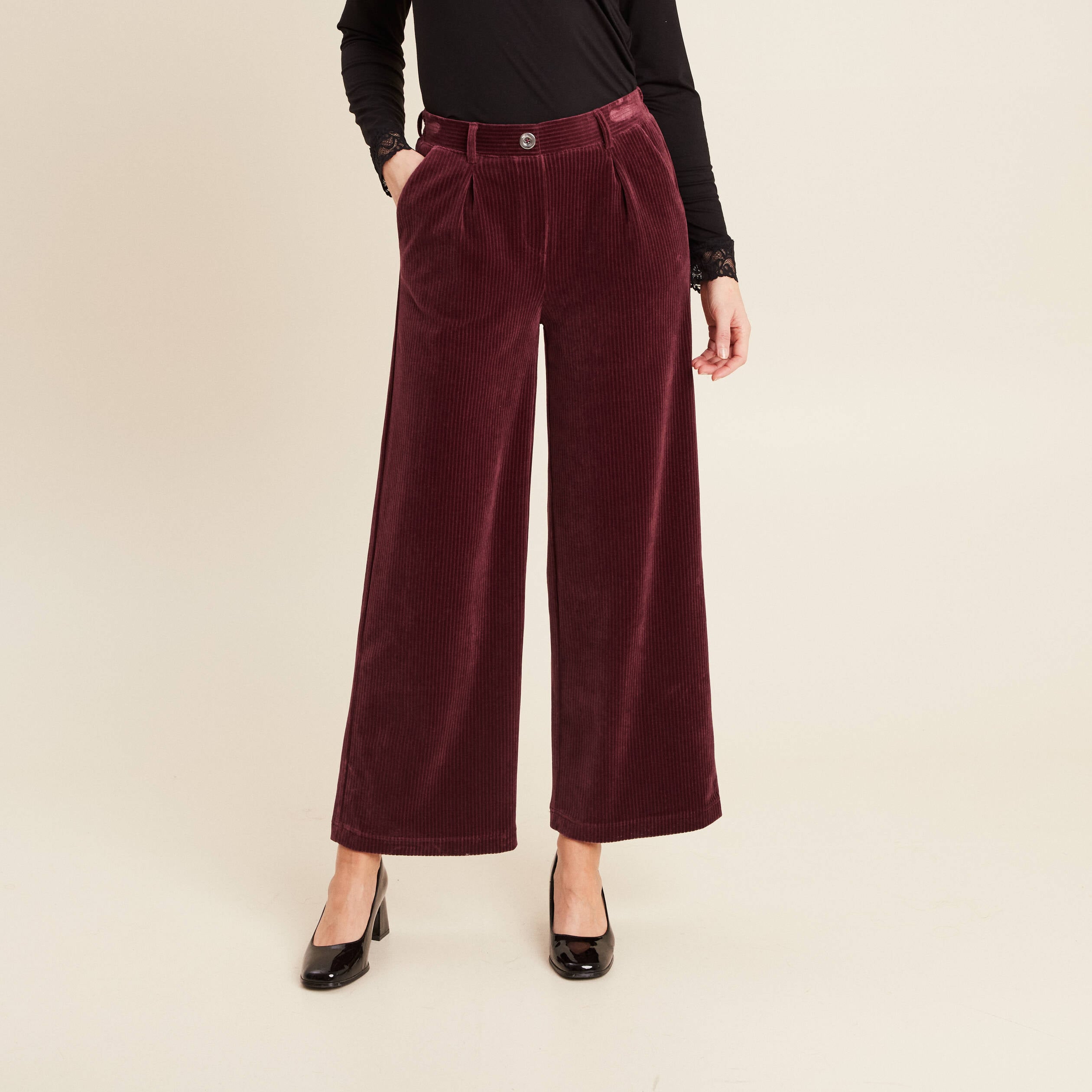 Pantalon large velours bordeaux femme