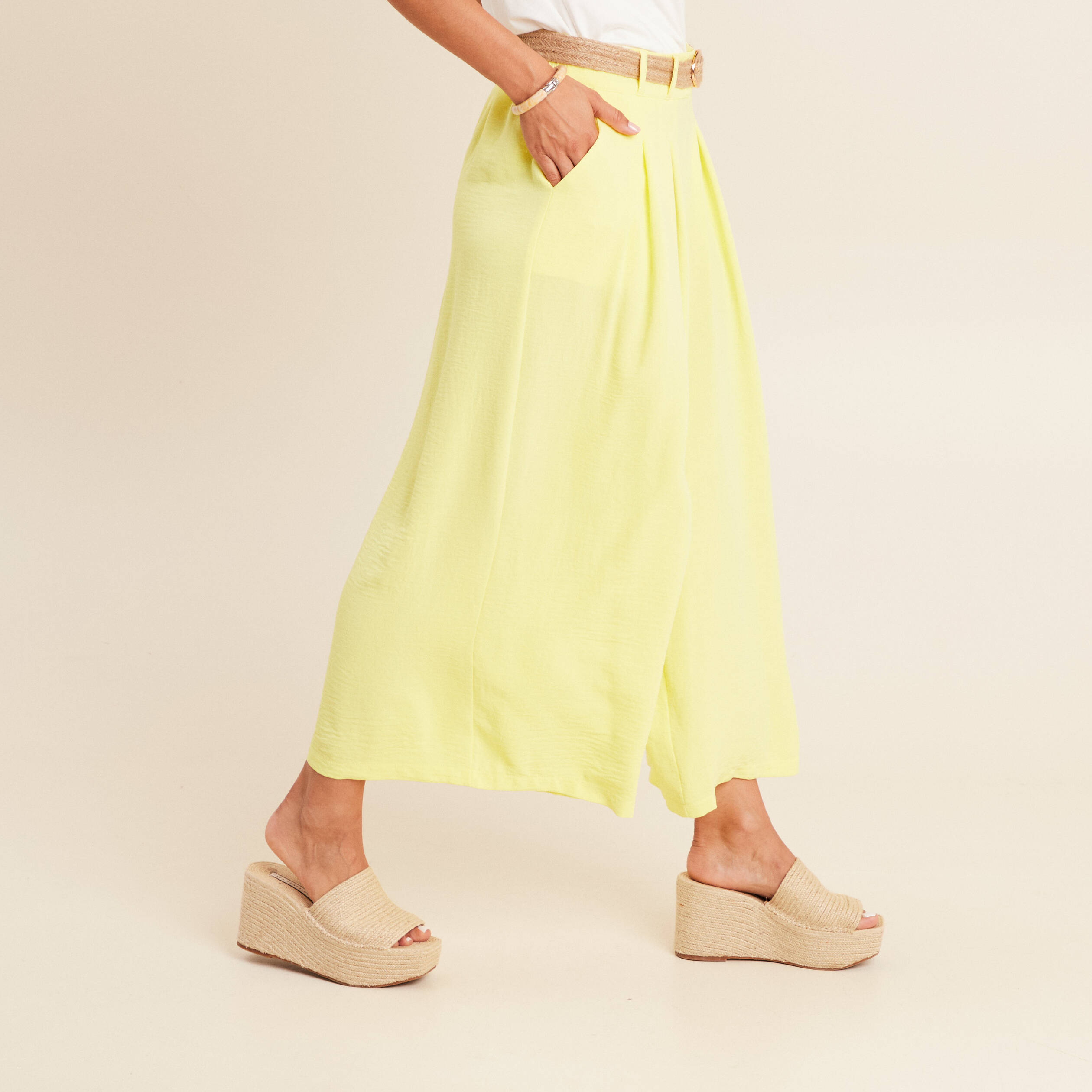 pantalon jupe culotte large jaune clair femme Pantalon jupe-culotte large jaune clair femme