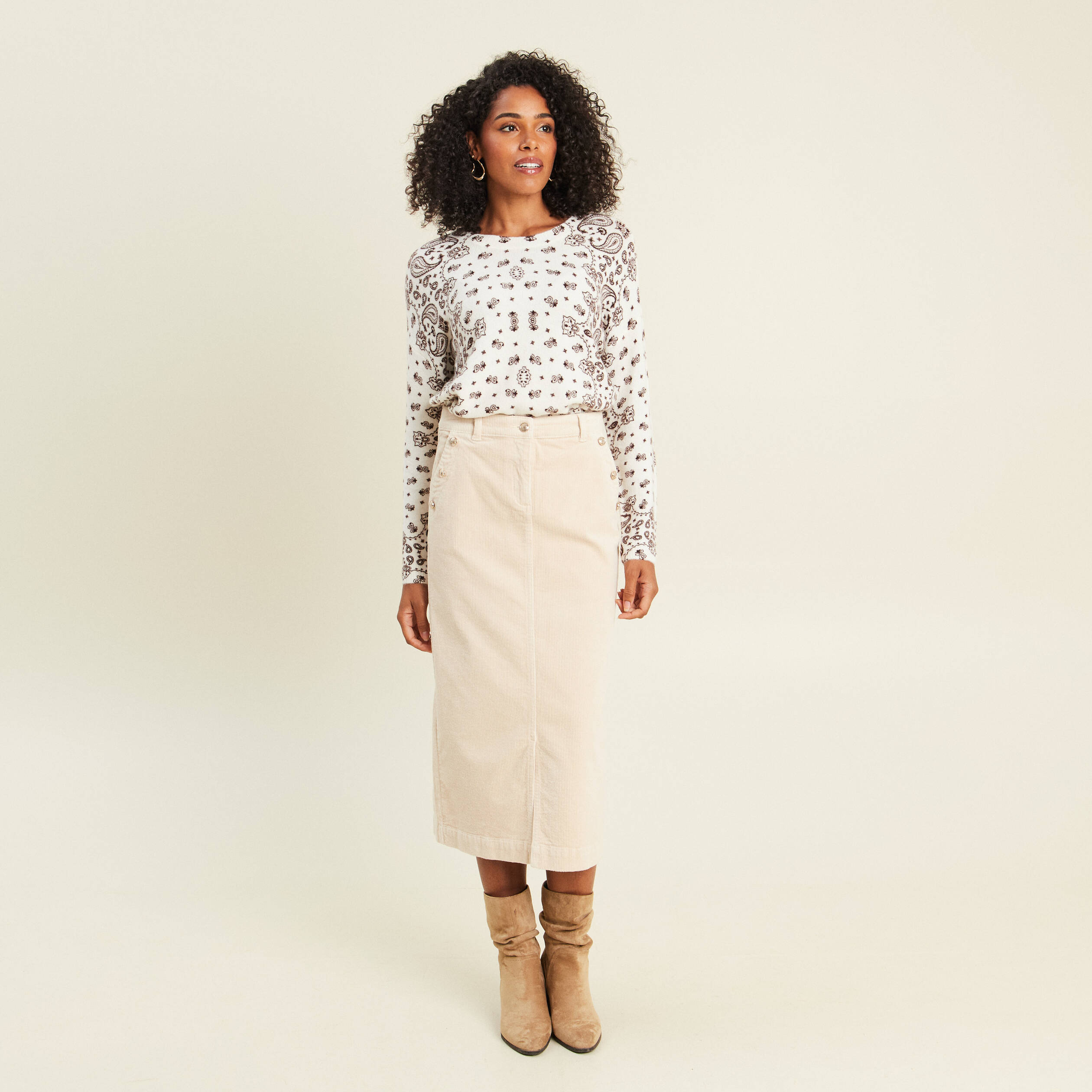 Pull col rond marron femme