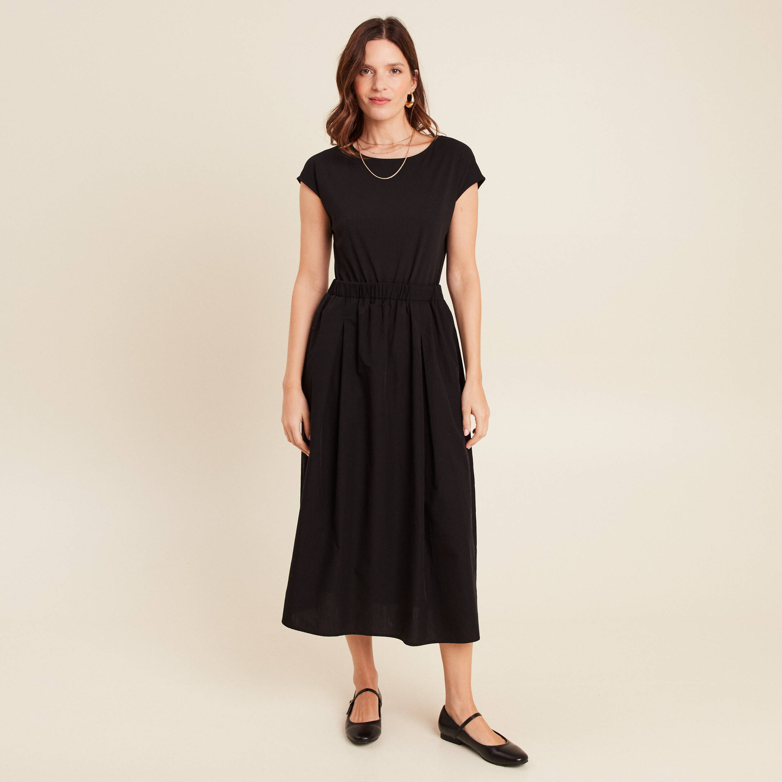 robe longue evasee bi matiere noir femme Robe longue évasée bi-matière noir femme