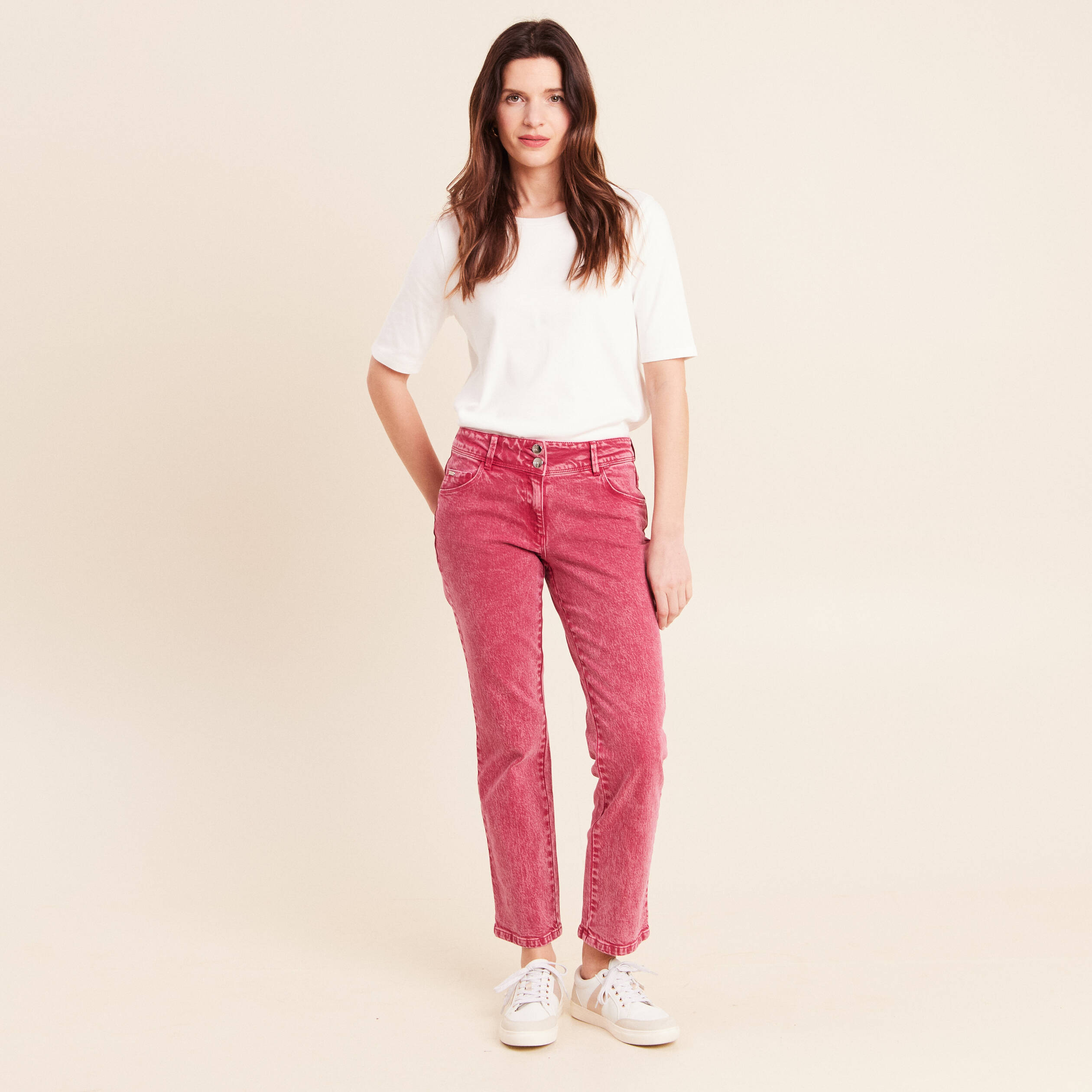 Jean coupe droite taille bascul&eacute;e rose fushia femme