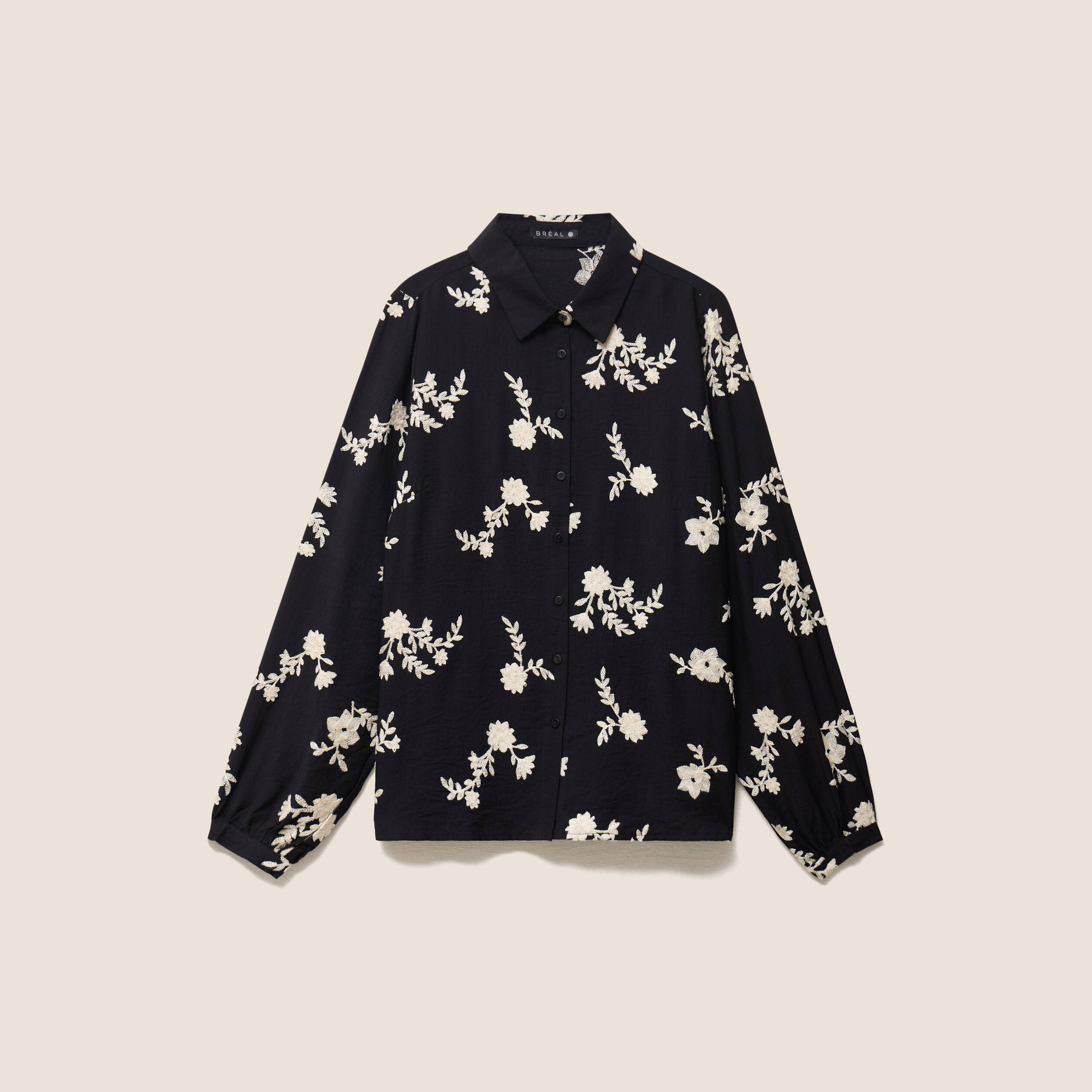 Chemise fluide brod&eacute;e manches longues noir femme