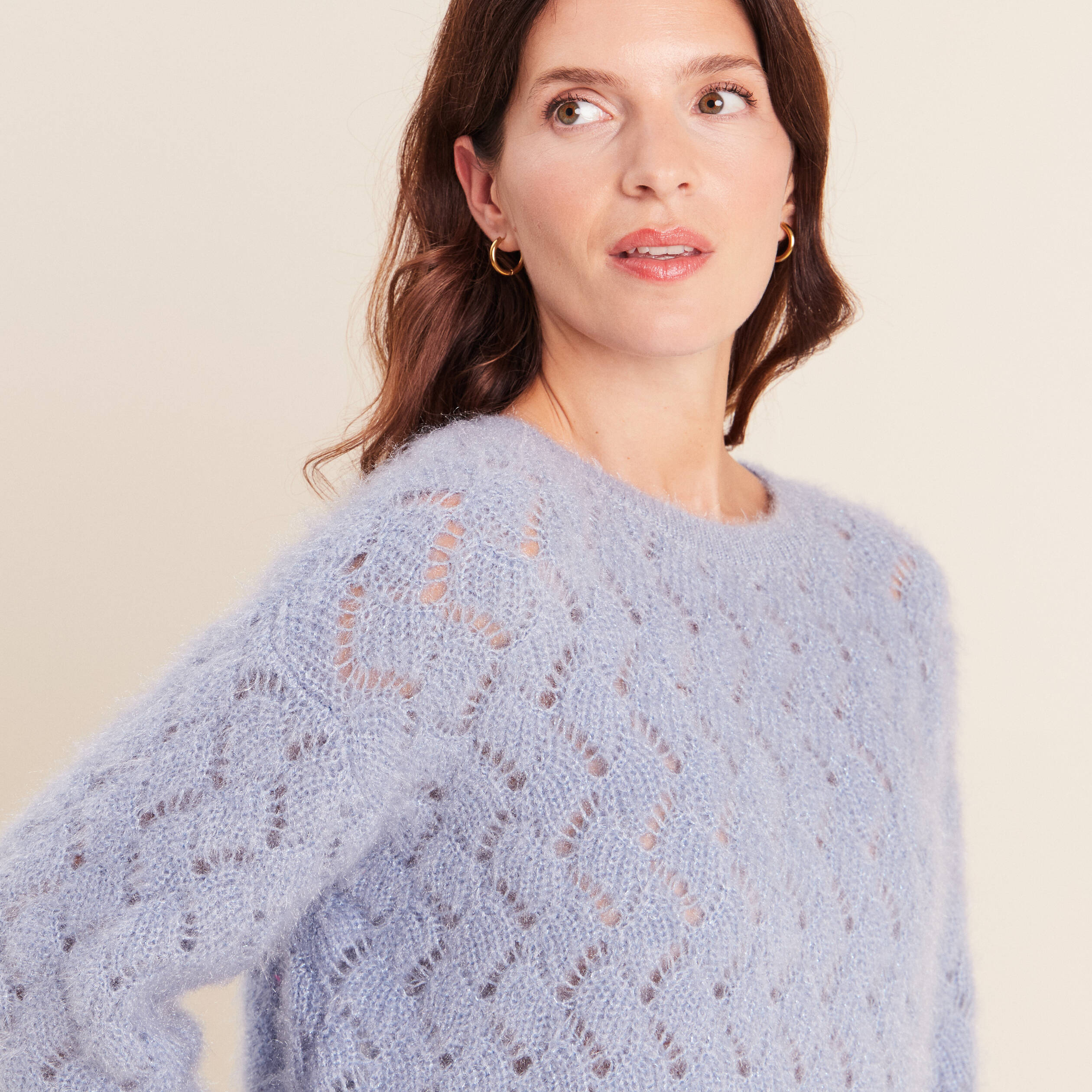 Pull manches longues ajour&eacute; denim snow gris femme