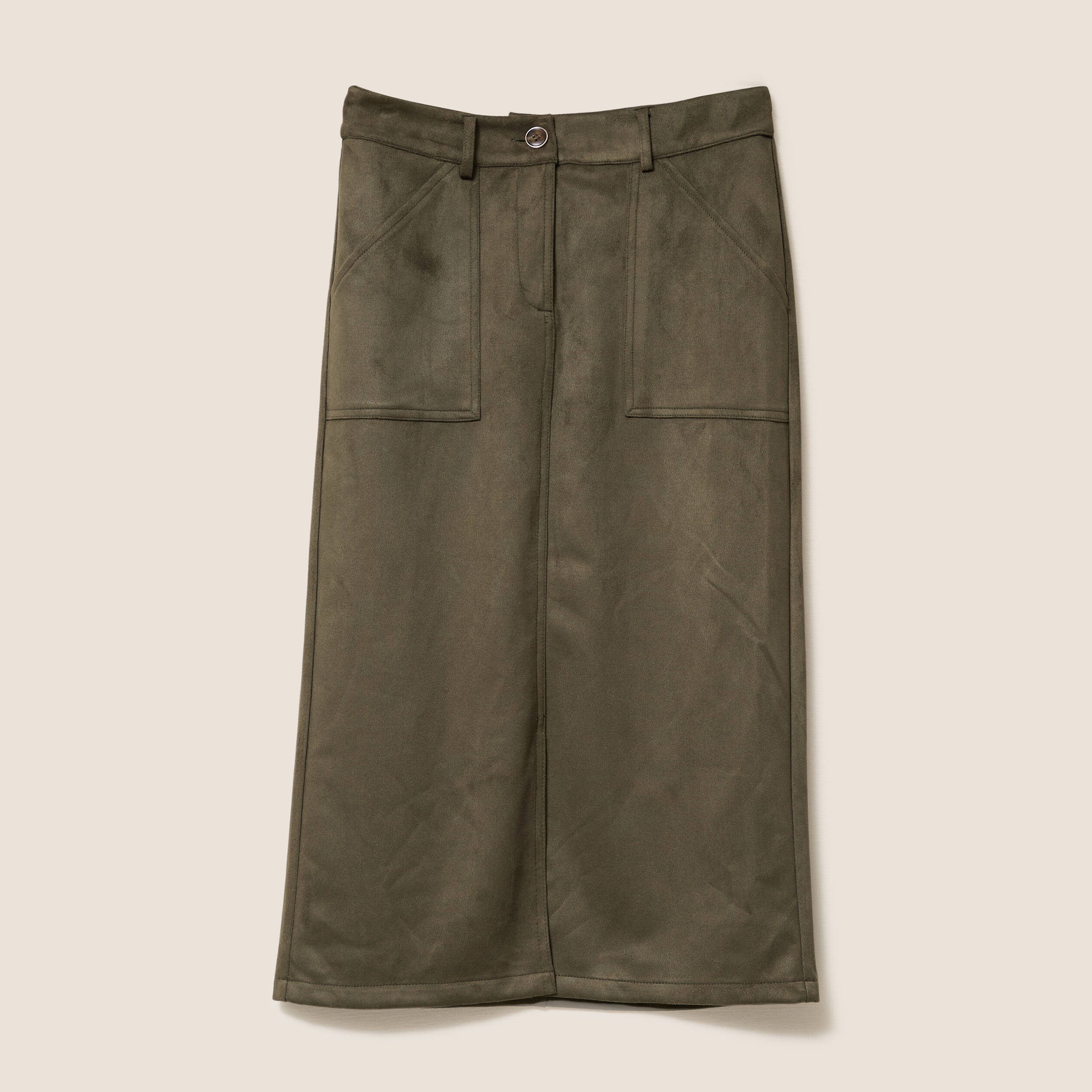 Jupe longue droite su&eacute;dine vert kaki femme