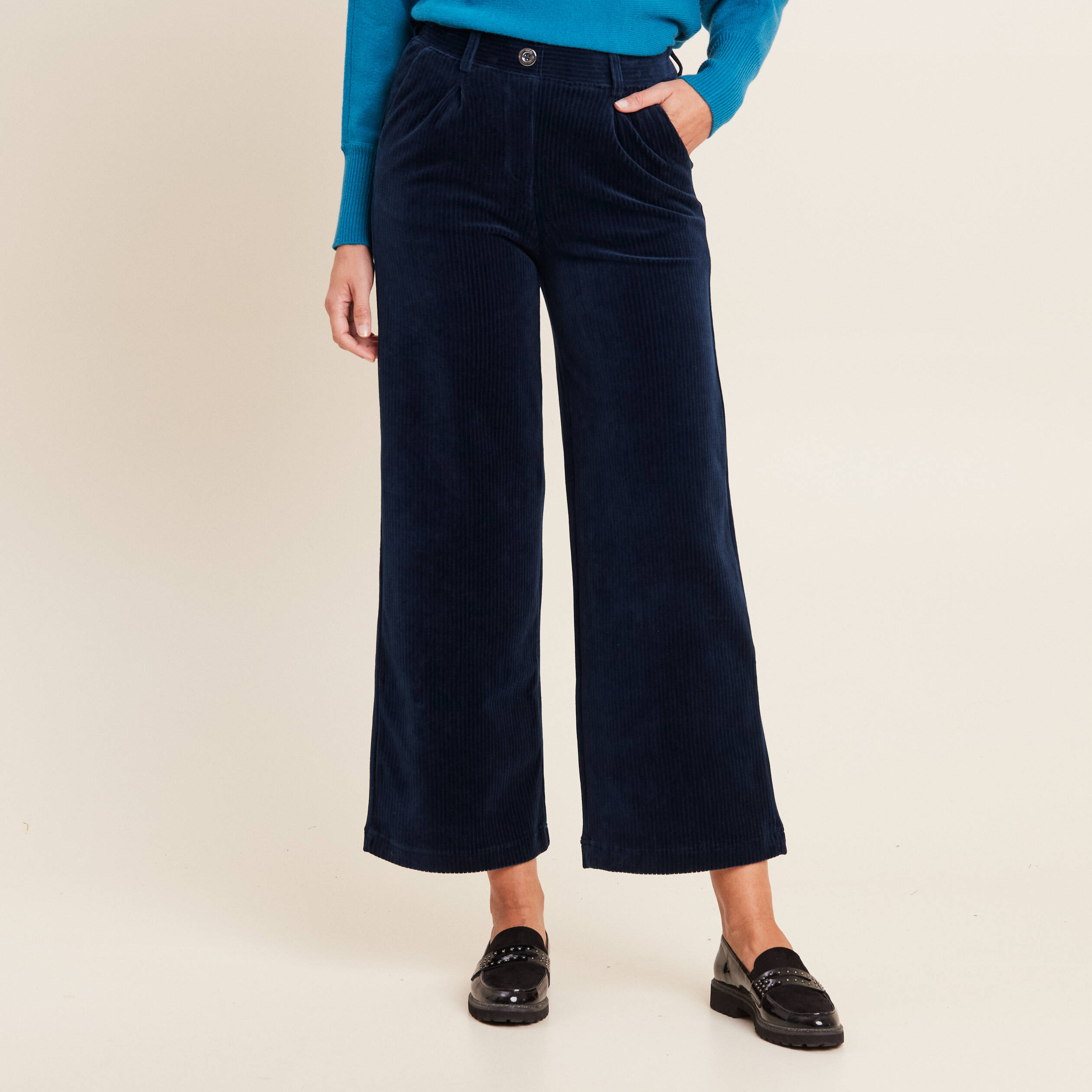 Pantalon Large Femme En Velours Côtelé - Taille Haute, Couleur Bleu, Décontracté Business Casual, 100% Polyester