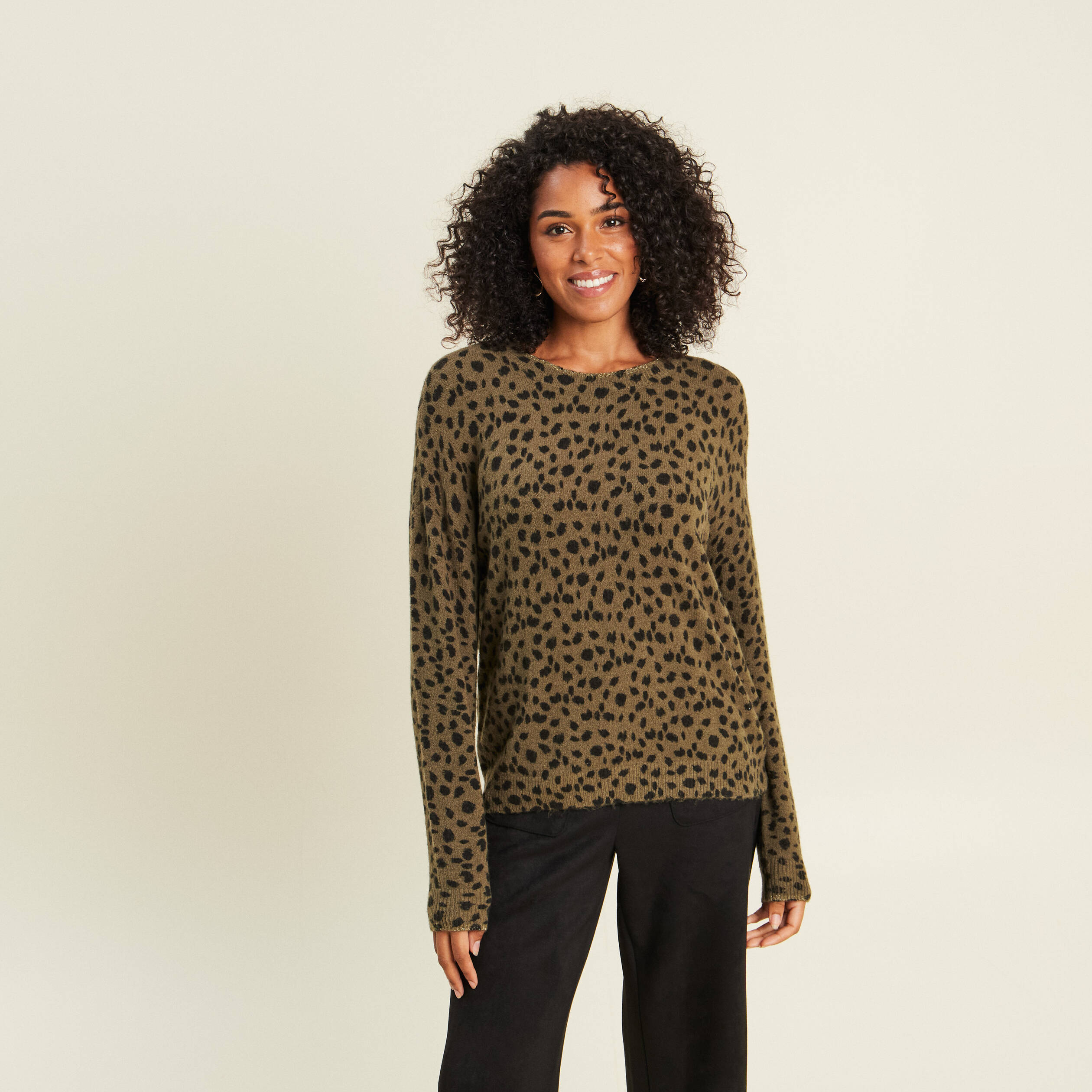 Pull droit col rond manches longues vert femme
