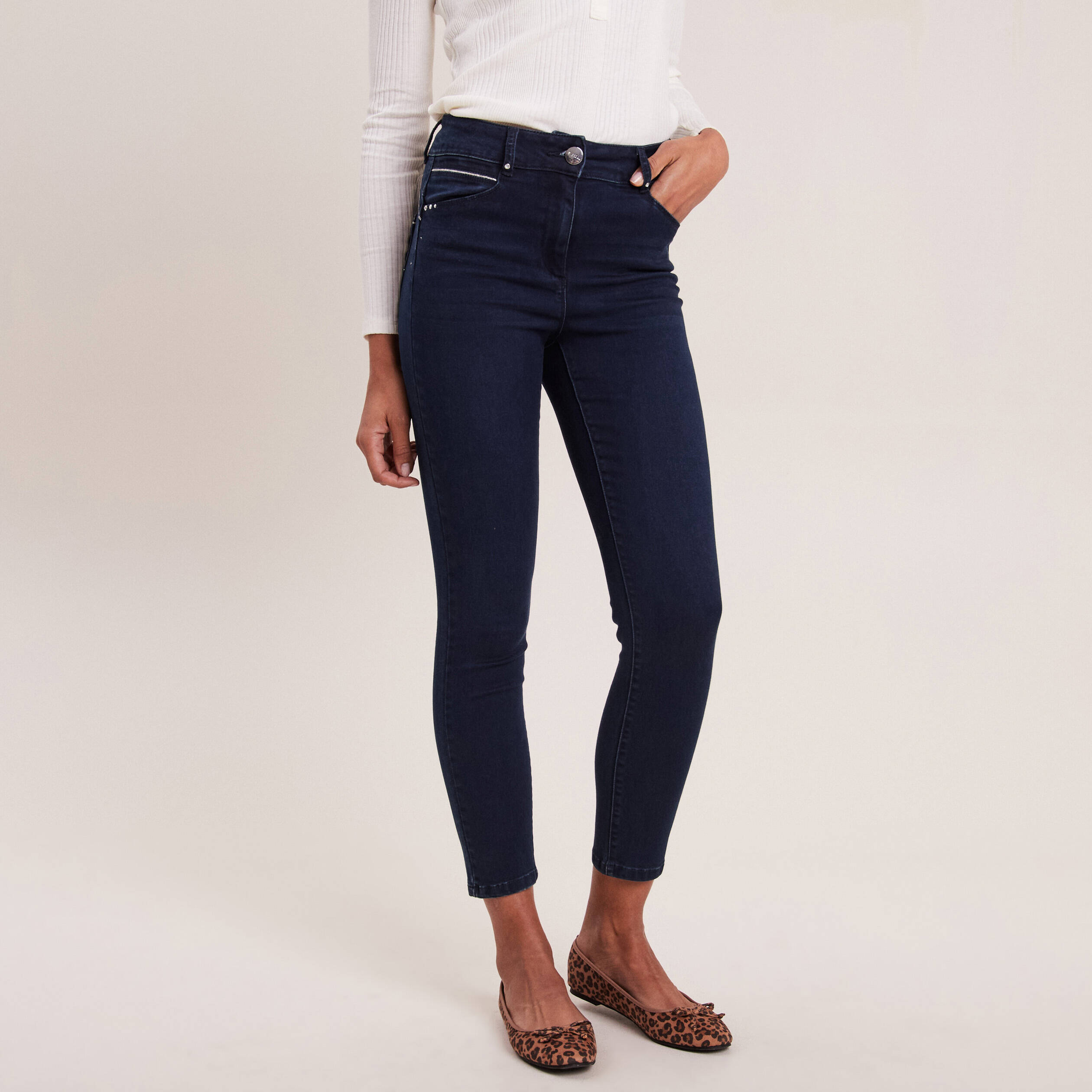 Jean coupe ajust&eacute;e 7/8&egrave;me taille haute denim brut femme