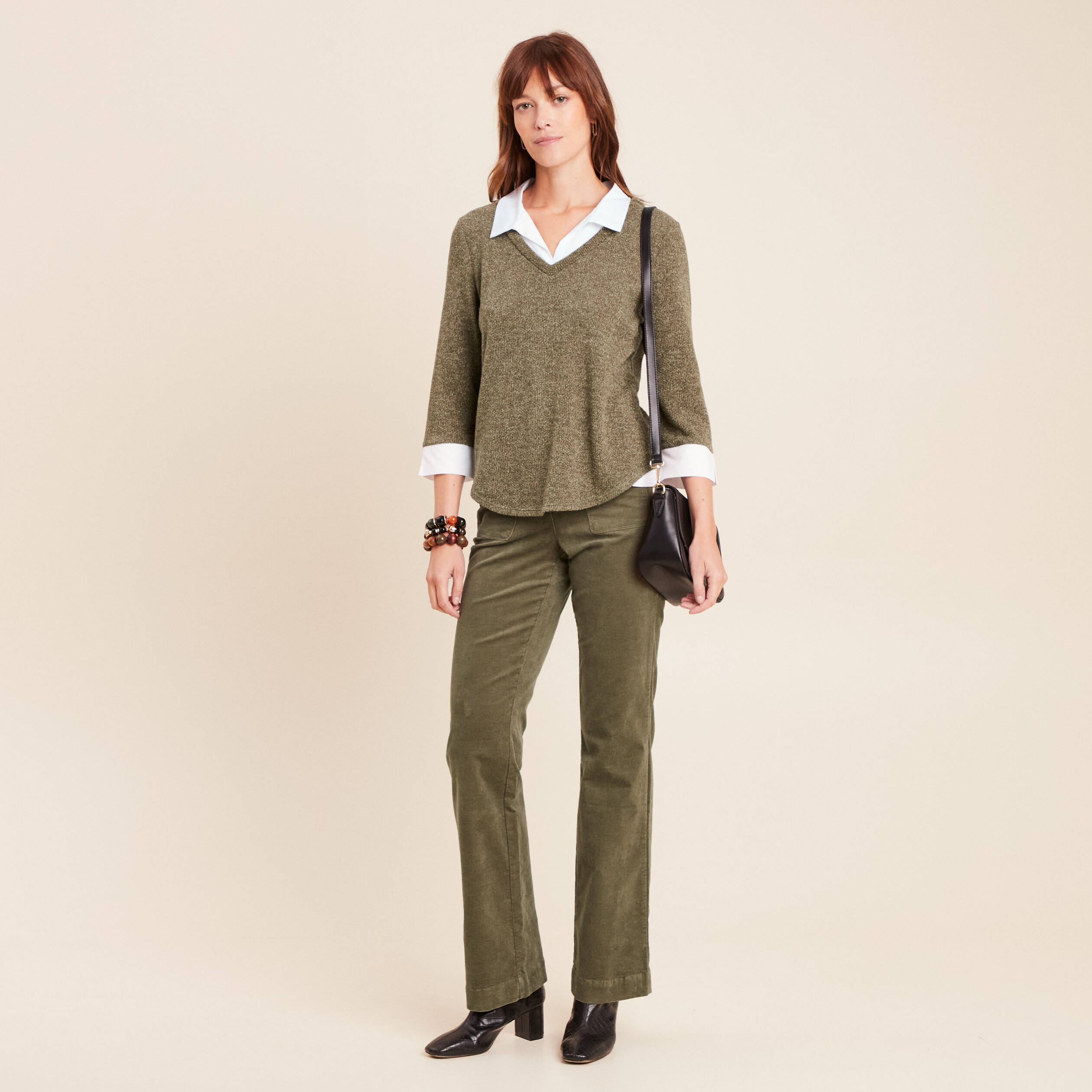 Pantalon bootcut taille haute velours vert kaki femme