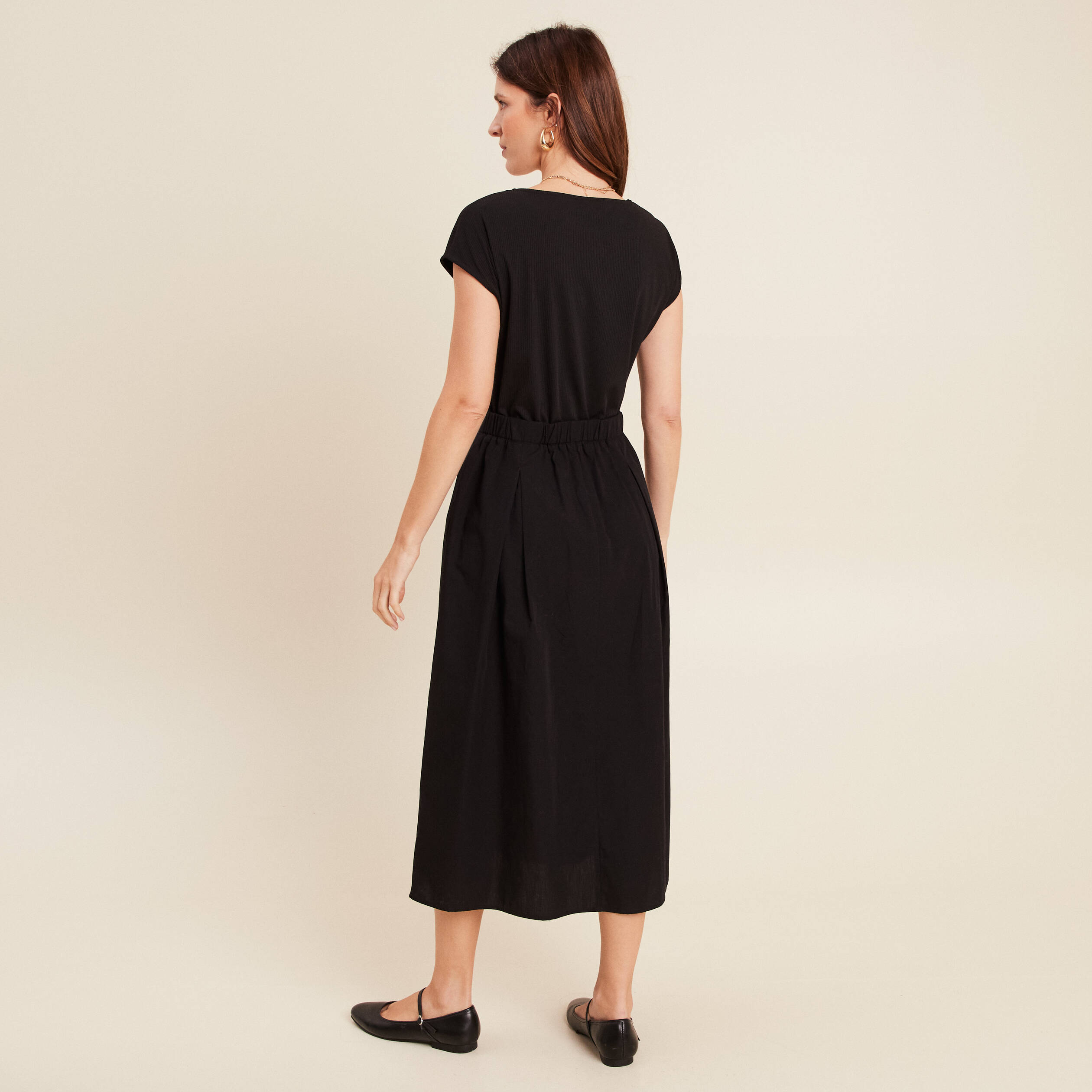 robe longue evasee bi matiere noir femme Robe longue évasée bi-matière noir femme