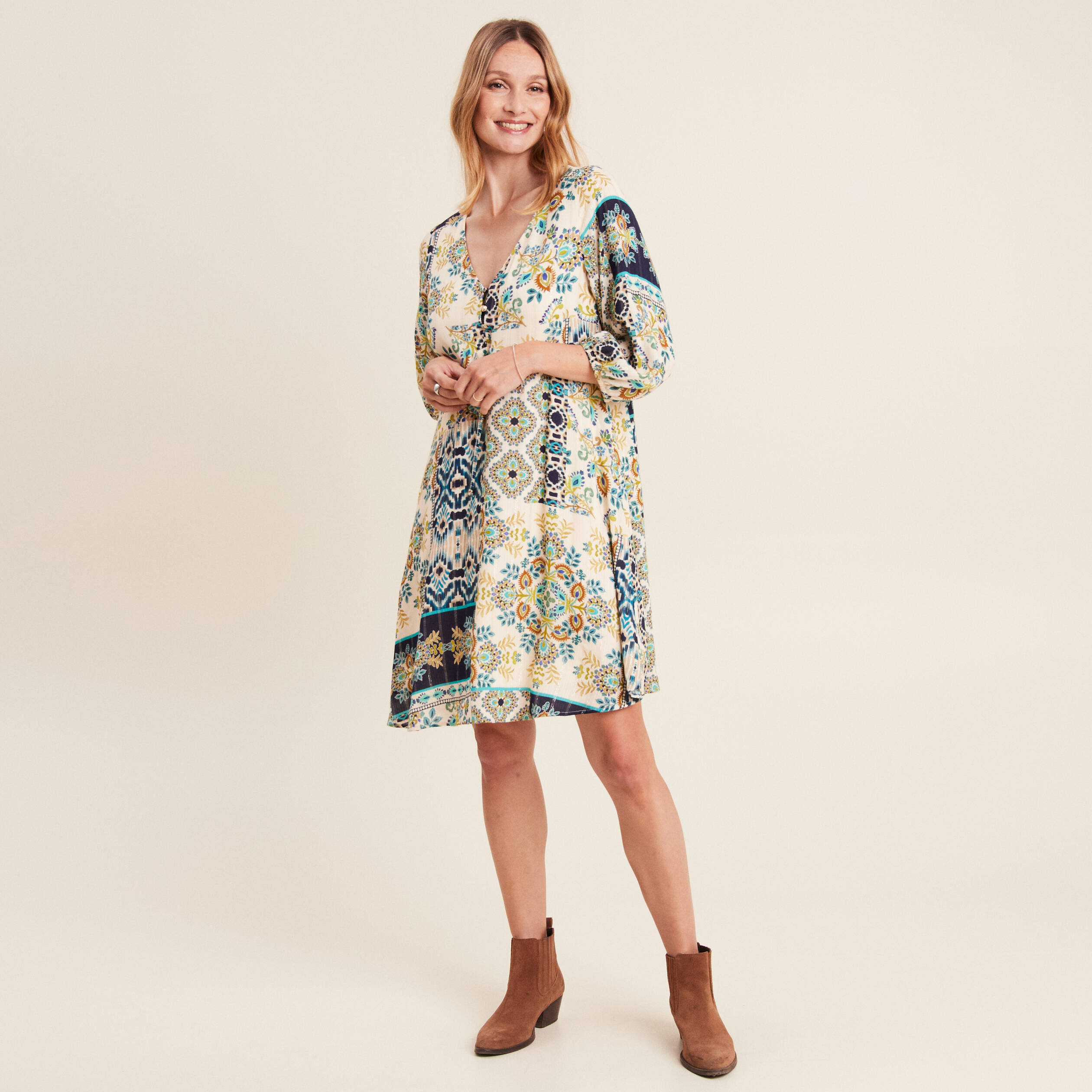 robe evasee fluide manches 34 bleu femme Robe évasée fluide manches 3/4 bleu femme