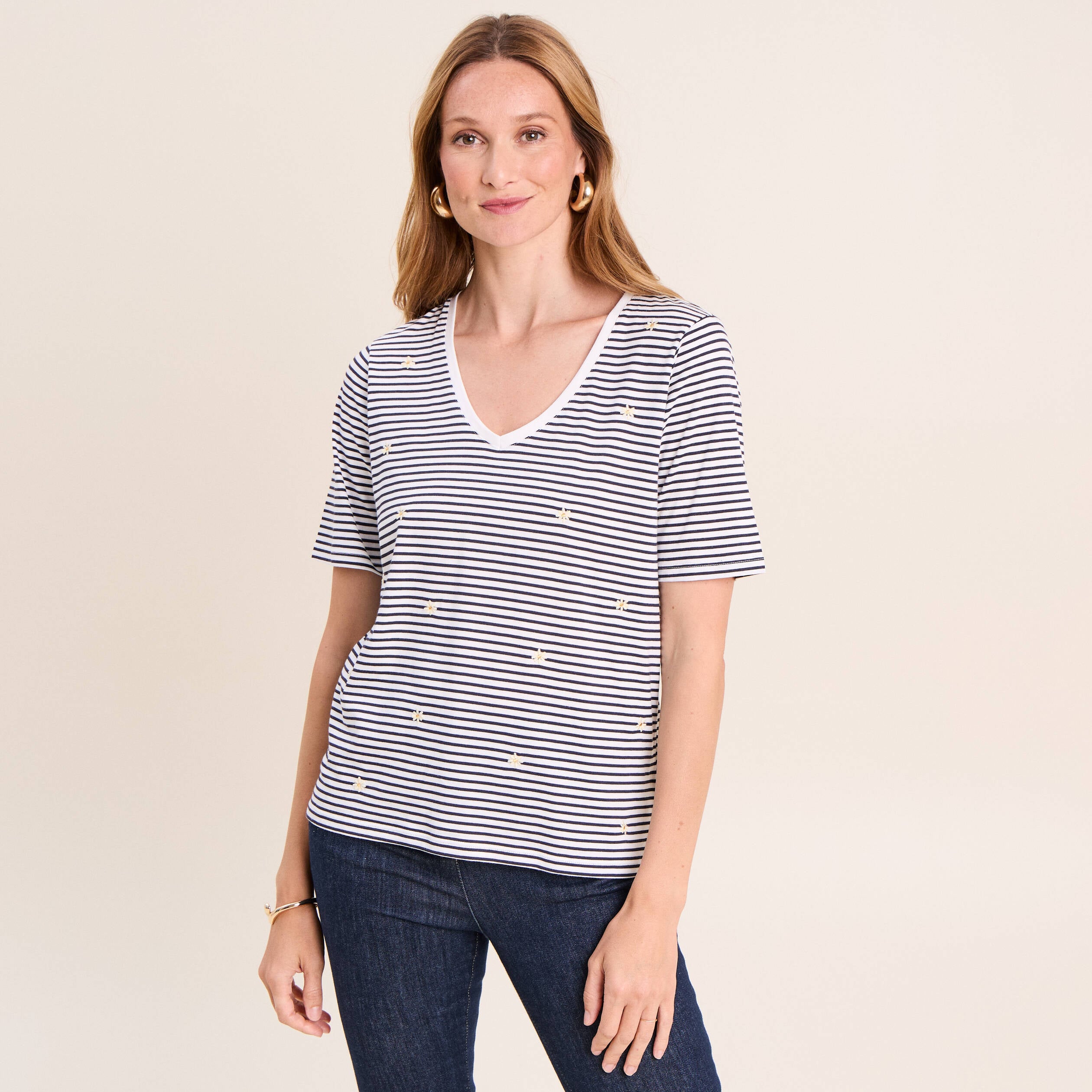 T-shirt droit broderie manches courtes bleu femme