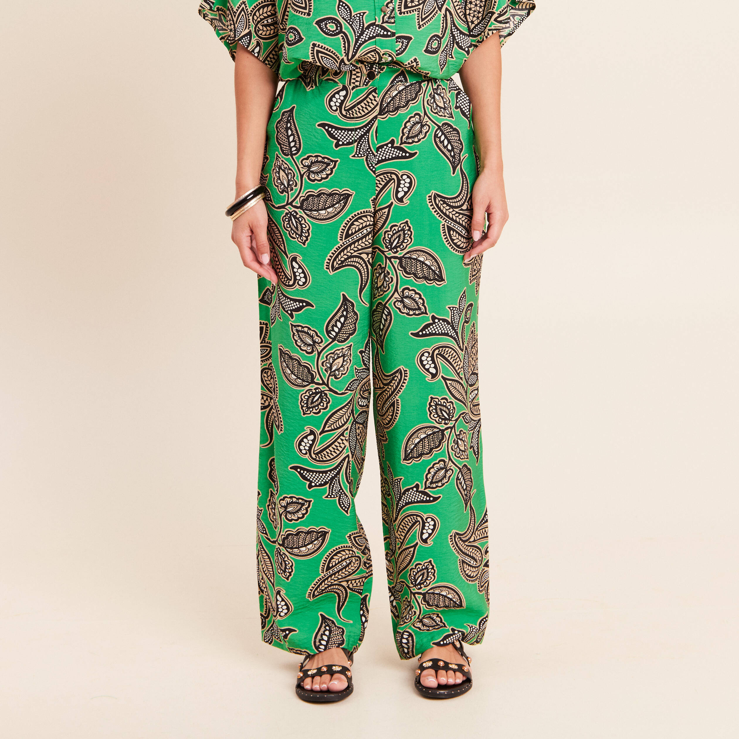 Pantalon large taille haute vert femme