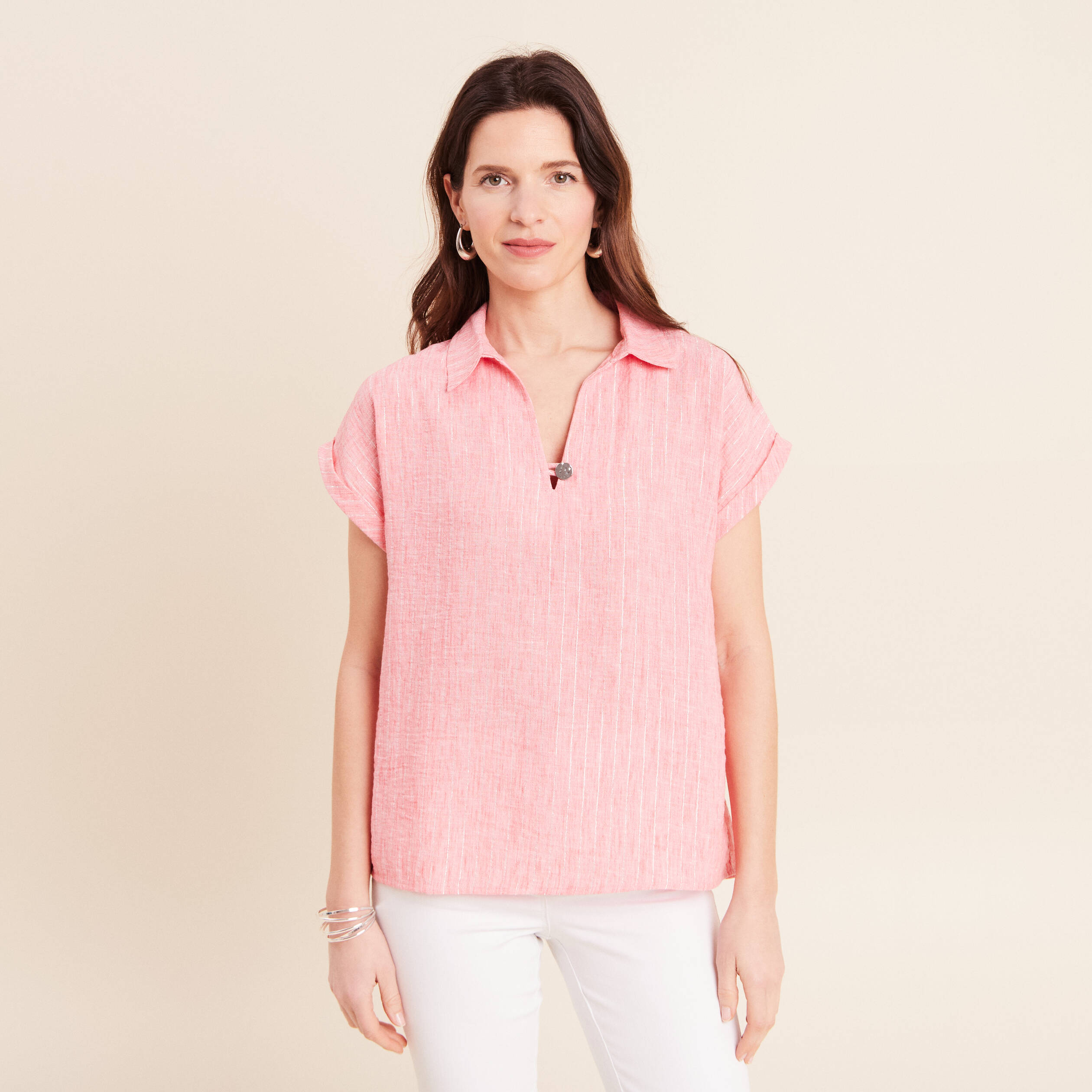 Blouse manches courtes fluide rose corail femme