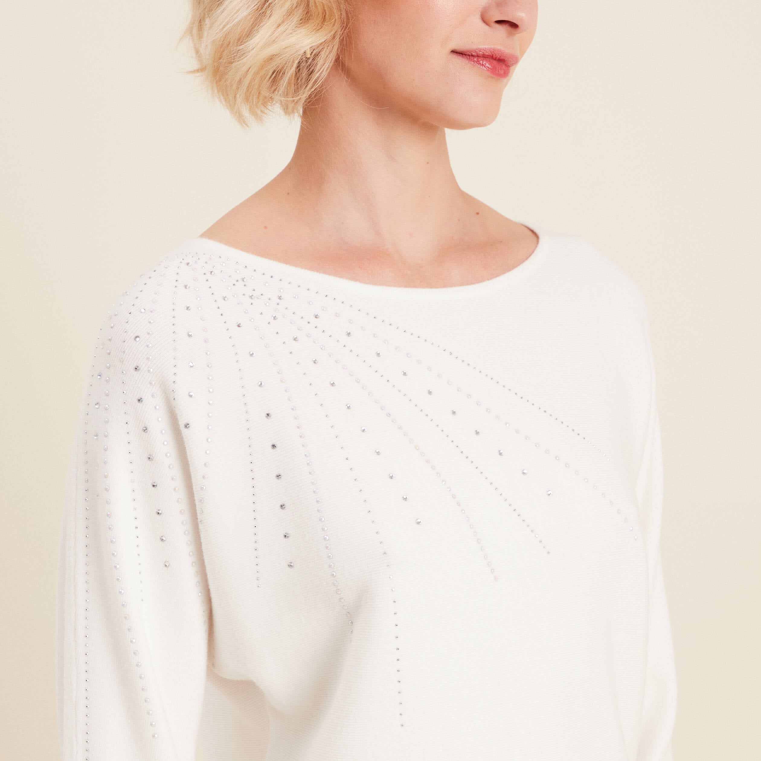 Pull manches longues strass ecru femme
