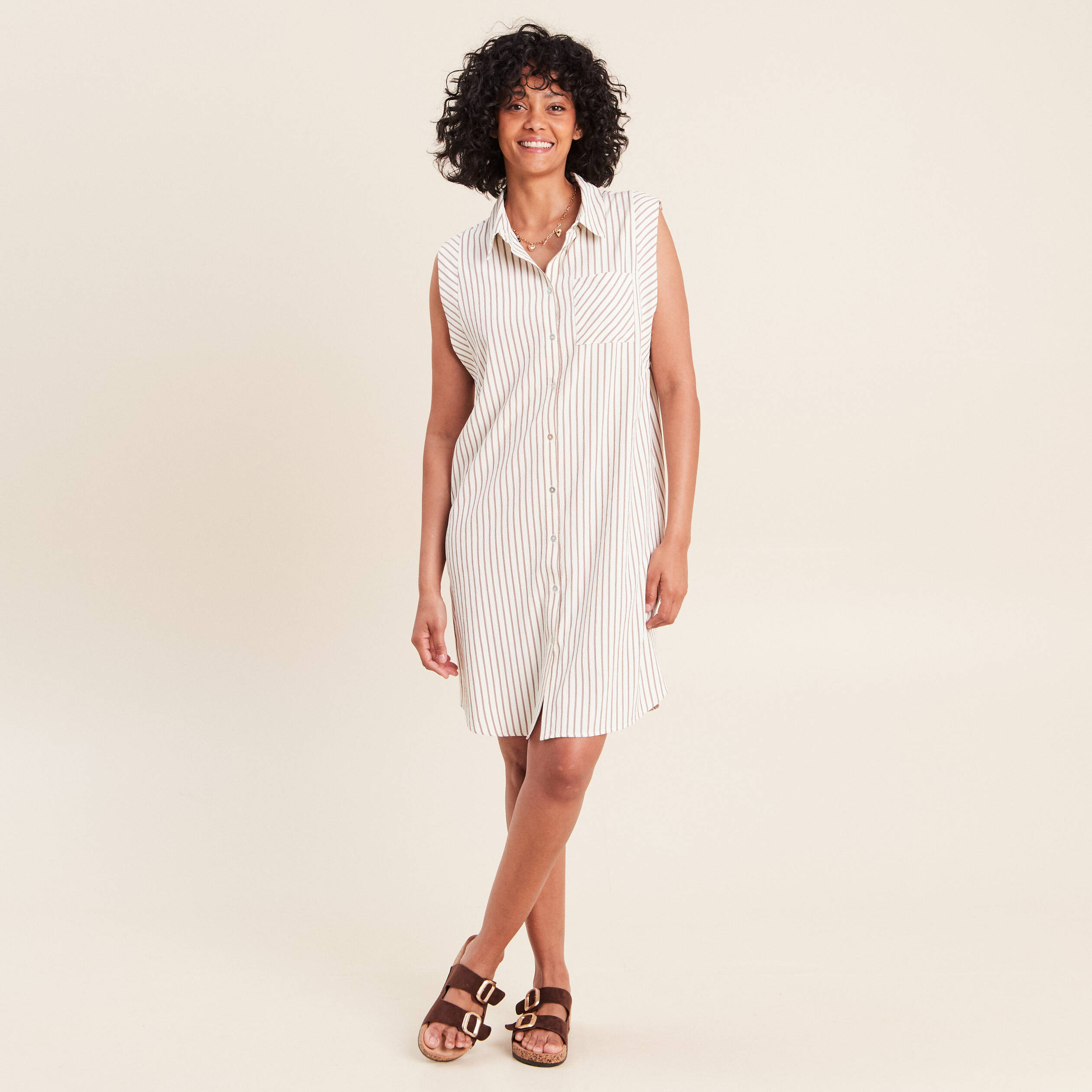 Robe droite courte sans manches fluide taupe femme