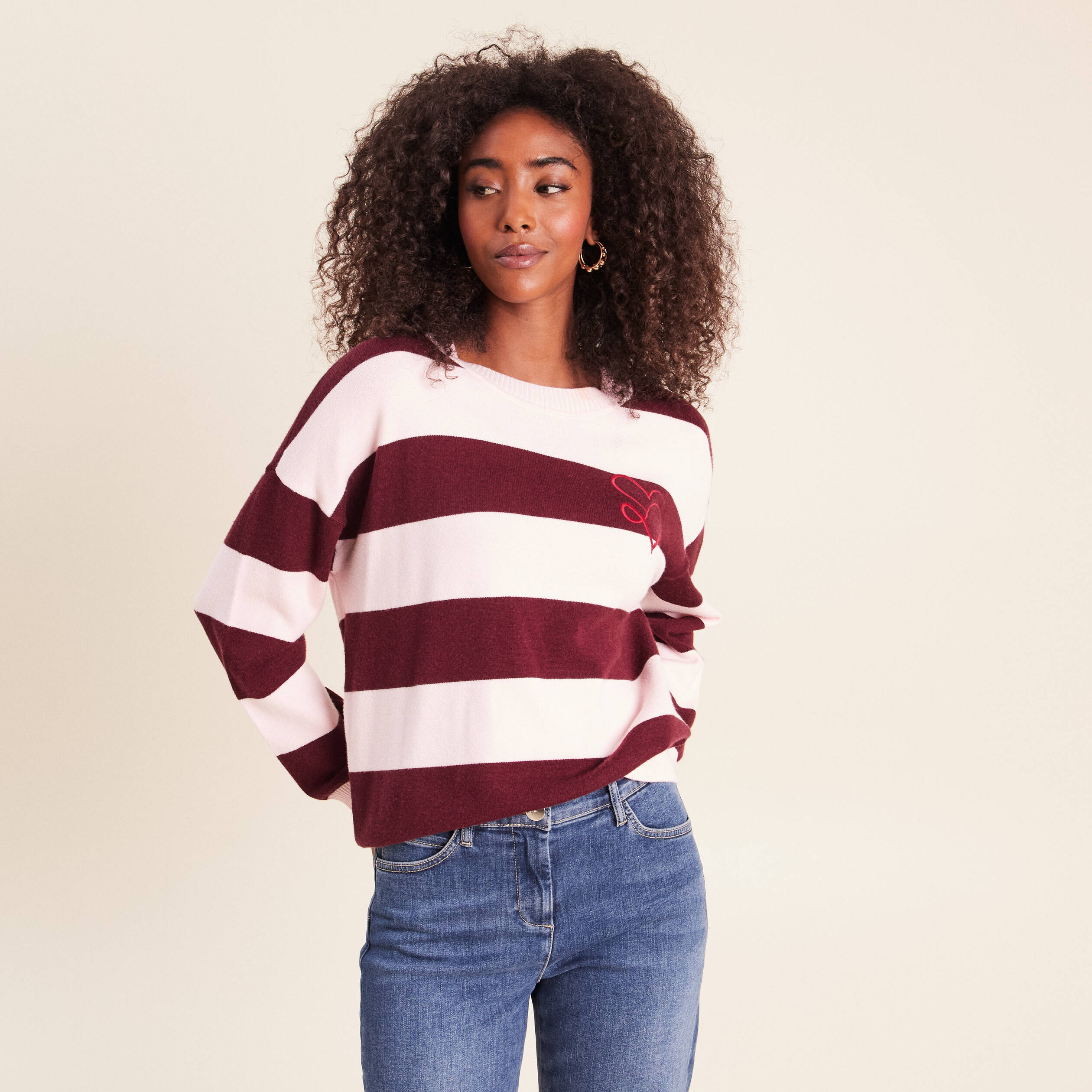Pull col rond bordeaux femme