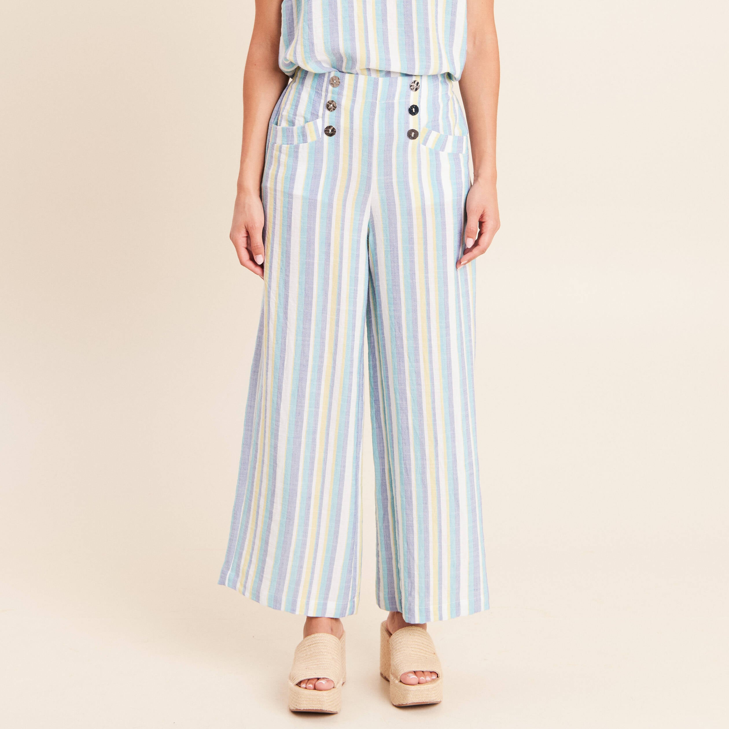 Pantalon large 7/8&egrave;me taille haute bleu femme